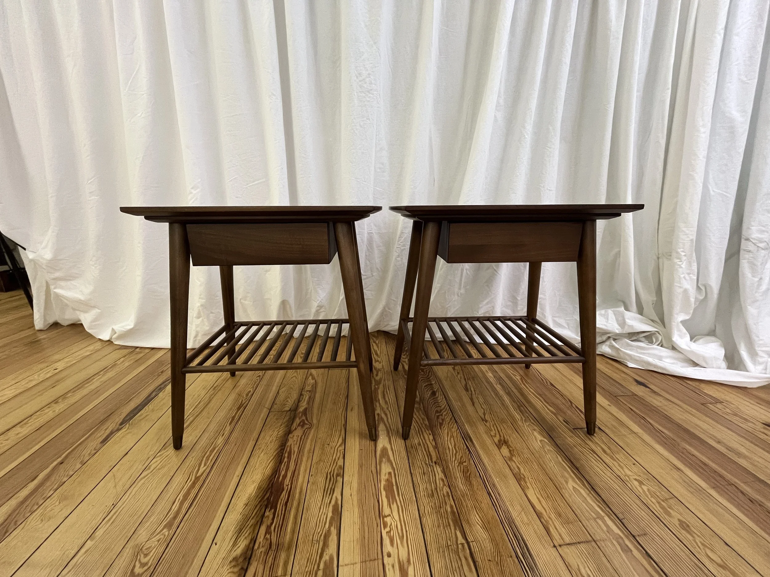 Pair of Mid-Century Modern Walnut Square End Tables With Slatted Shelves