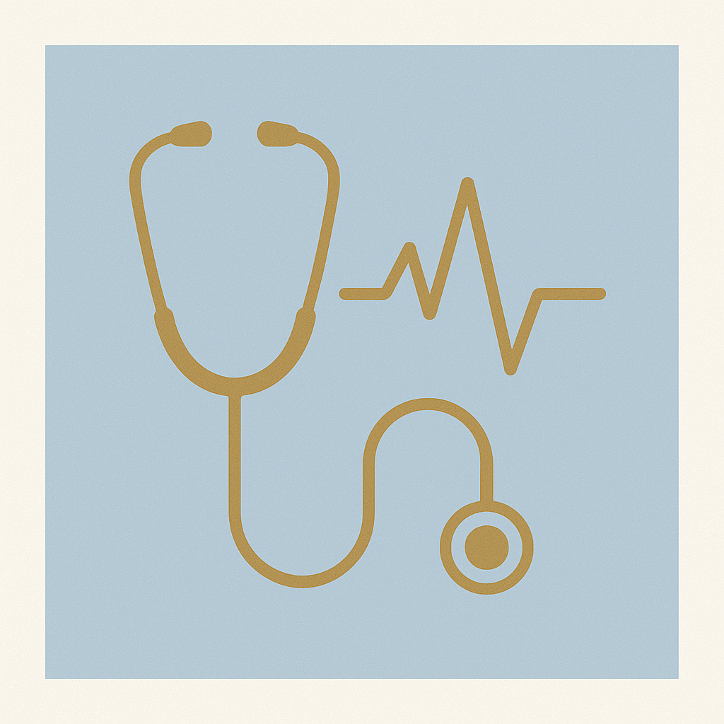 A stylized icon of a stethoscope and a heart rate line on a blue background, representing healthcare or medical services.