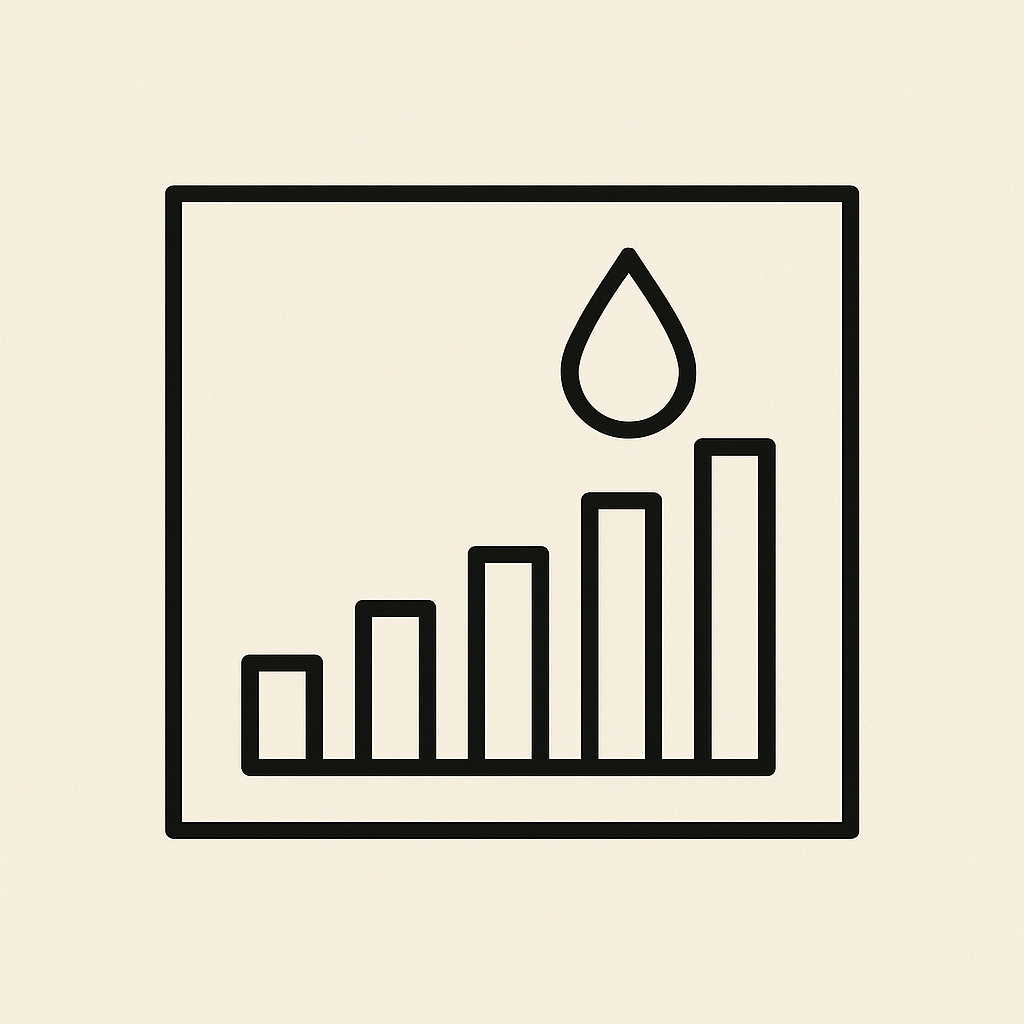 Diagram showing increasing bar graph with a water droplet icon above the bars.