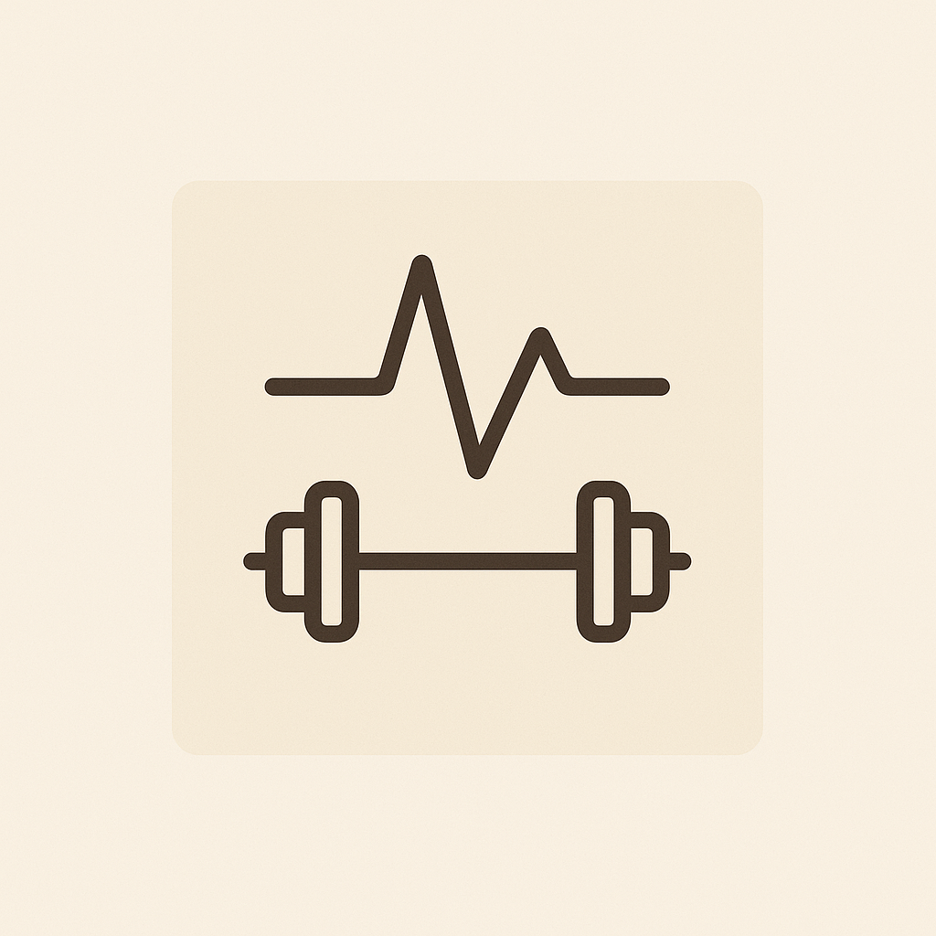 Icon of a heartbeat line above a dumbbell, symbolizing health and fitness.