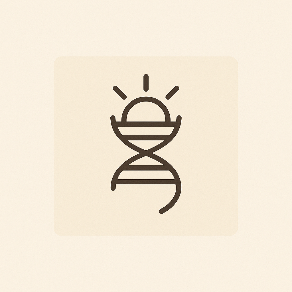 Icon representing a DNA strand integrated with a sun, symbolizing genetic research or biotech innovation.