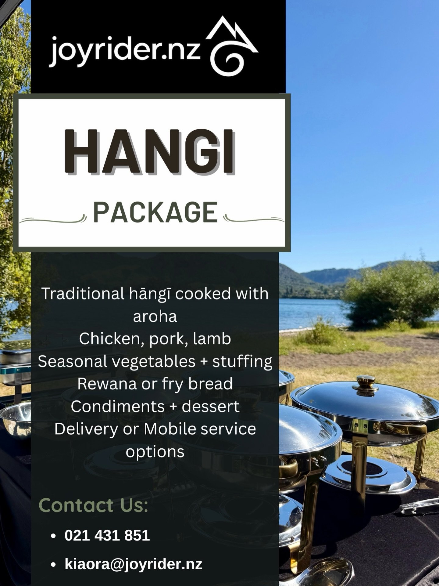 Not keen on a boring lunch?
We&rsquo;ve got you covered.
Our traditional hāngi package is the perfect add-on to your Joyrider day &mdash; cooked with aroha, shared with good people, and best enjoyed somewhere beautiful 🌿
The kind of kai that turns a