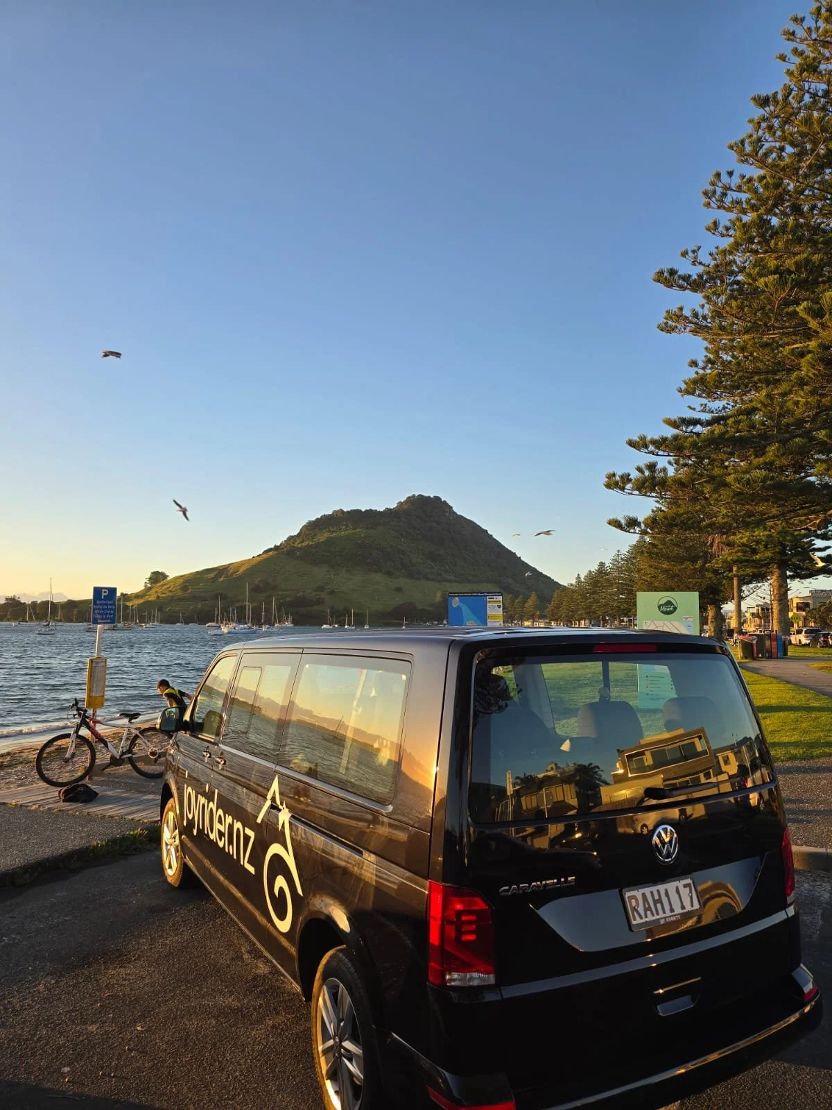 A black Volkswagen van with 'JoyrideNZ' written on the side, parked near a body of water with sailboats, a mountain, and trees in the background during sunset.