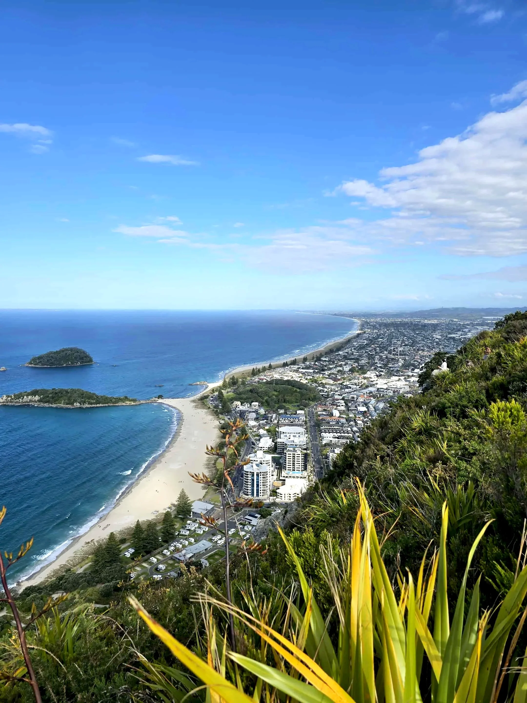 A panoramic view from a hilltop overlooking a coastal city with a long beach, blue ocean, and green islands on the horizon. The cityscape includes buildings, roads, and green areas, with the coastline curving along the water. The sky is mostly clear with some scattered clouds.