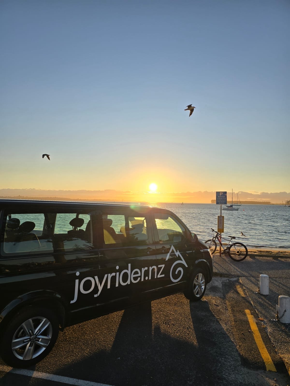 A black van with 'joyrider.nz' logo parked near a waterfront at sunset, with a bicycle strapped to the side, seagulls flying overhead, and a sailboat on the water.