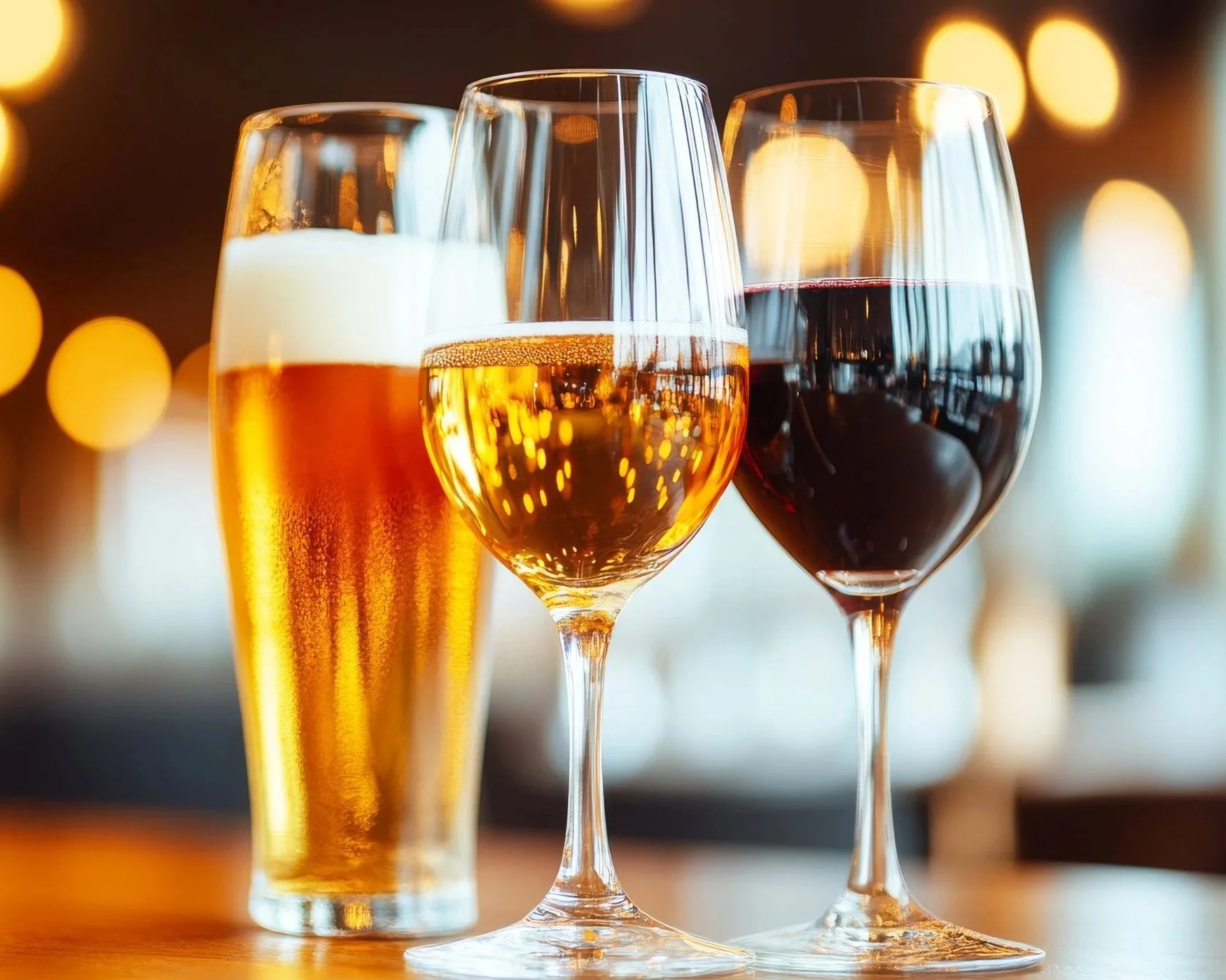Three different glasses of alcoholic beverages: a glass of beer, a glass of white wine, and a glass of red wine, on a wooden table with a blurred, warm-background lighting.