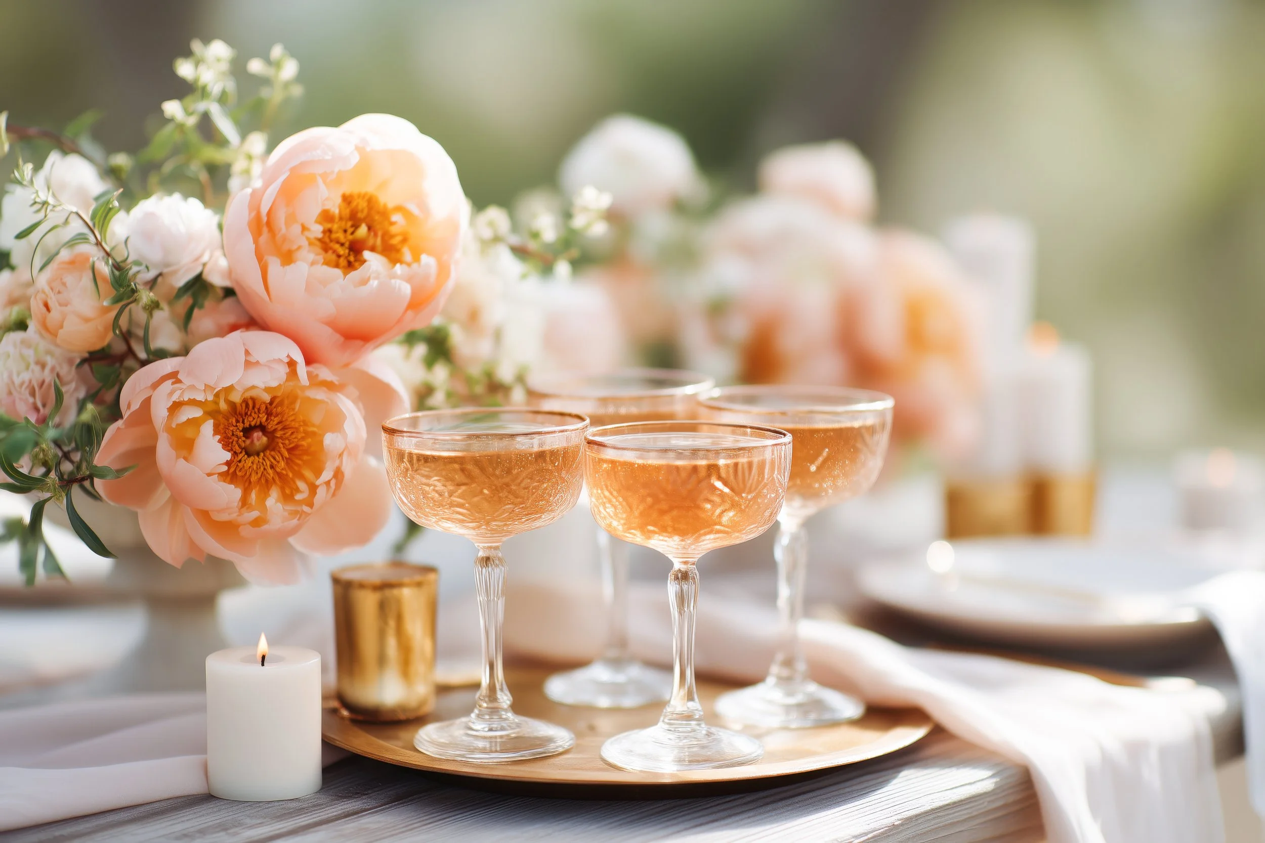 A table setting with pink champagne glasses, large pink peony flowers, a white candle, and soft sunlight.