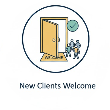 Illustration of an open door with a welcome mat reading 'Welcome,' three people walking through the door, and a checkmark above the open door, symbolizing new clients welcome.