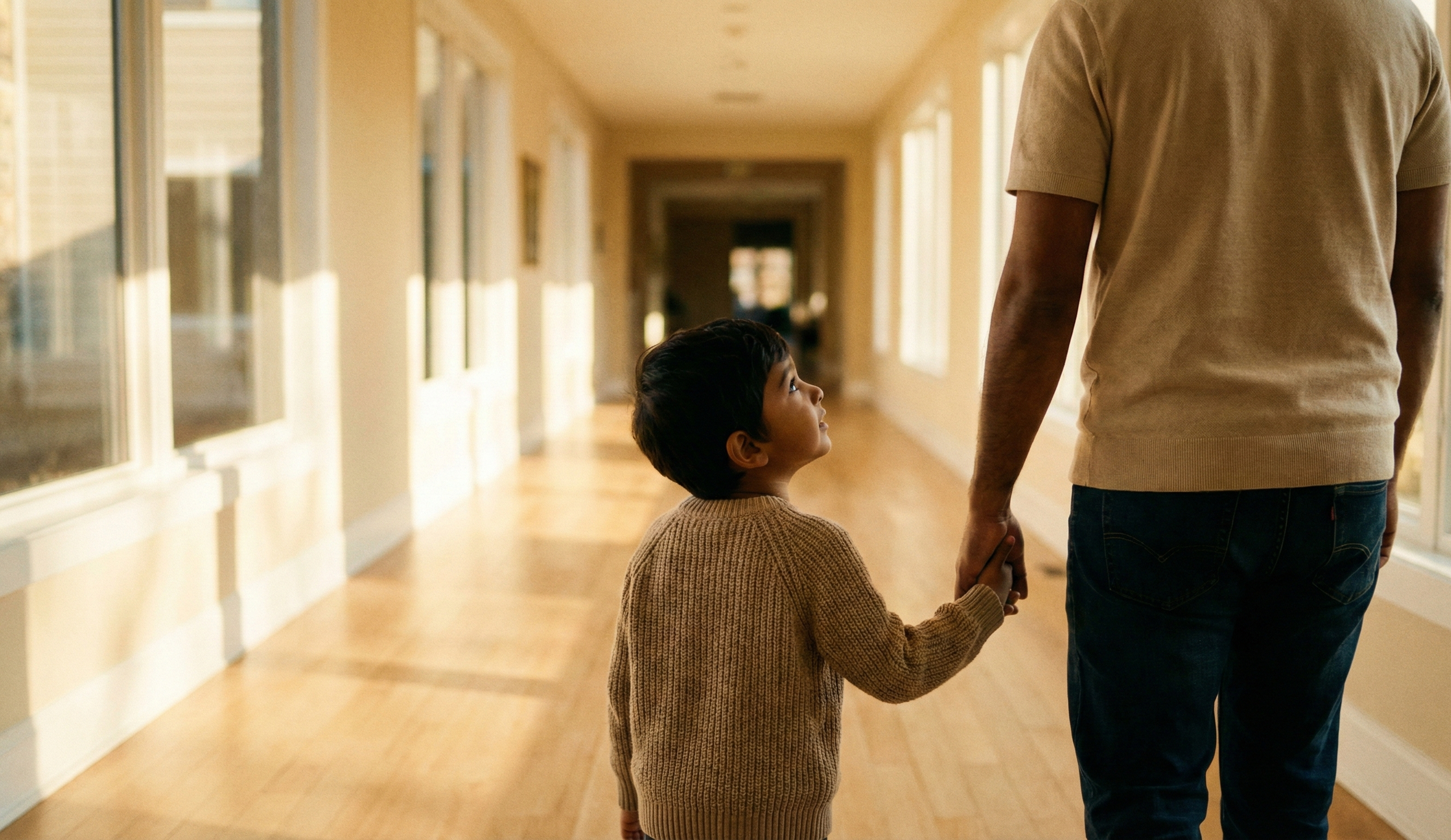 A young boy and an adult holding hands and walking down a sunlit corridor with large windows on each side.