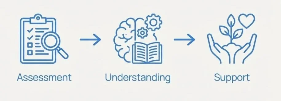 Flowchart with three steps: assessment with a checklist and magnifying glass, understanding with a brain, book, and gears, and support with hands holding a plant and a heart.