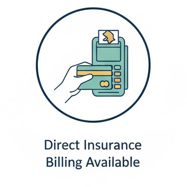Illustration of a hand using a credit card on a payment terminal with a receipt coming out, indicating direct insurance billing available.