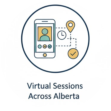 Icon of a smartphone with a person on the screen, connected to location and clock icons, representing virtual sessions across Alberta.