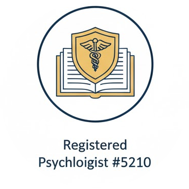 An icon of a shield with a caduceus symbol, over an open book, with the text 'Registered Psychologist #5210' below.