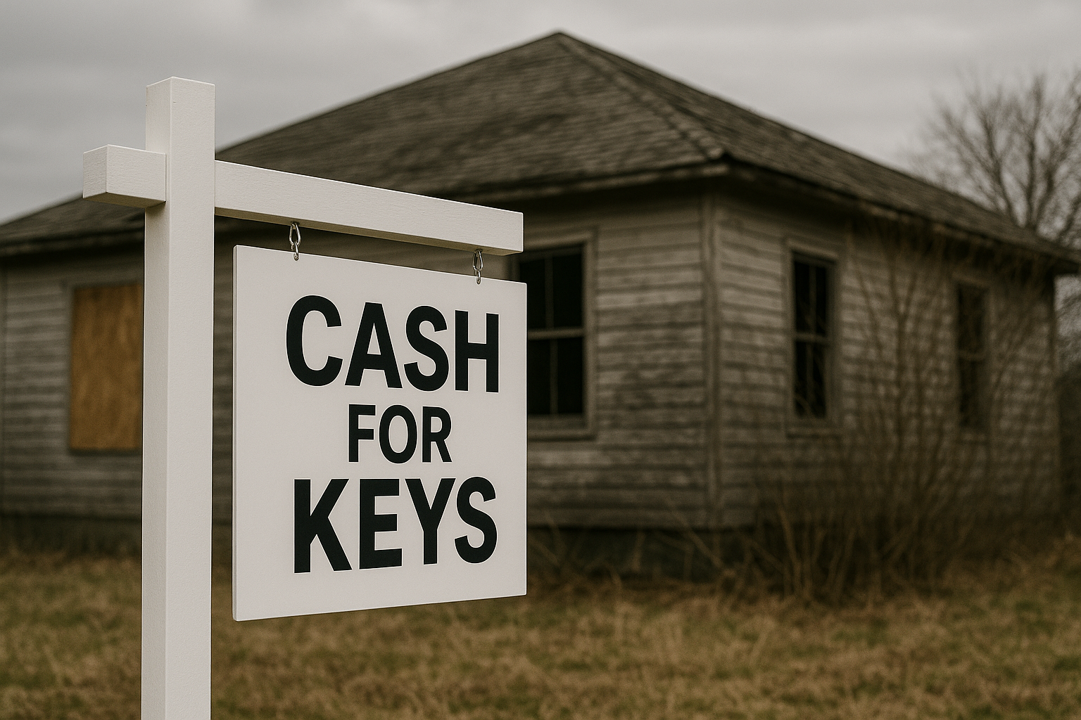 A sign that reads 'Cash for Keys' stands in front of an abandoned, boarded-up house with gray wooden siding and broken windows on a cloudy day.