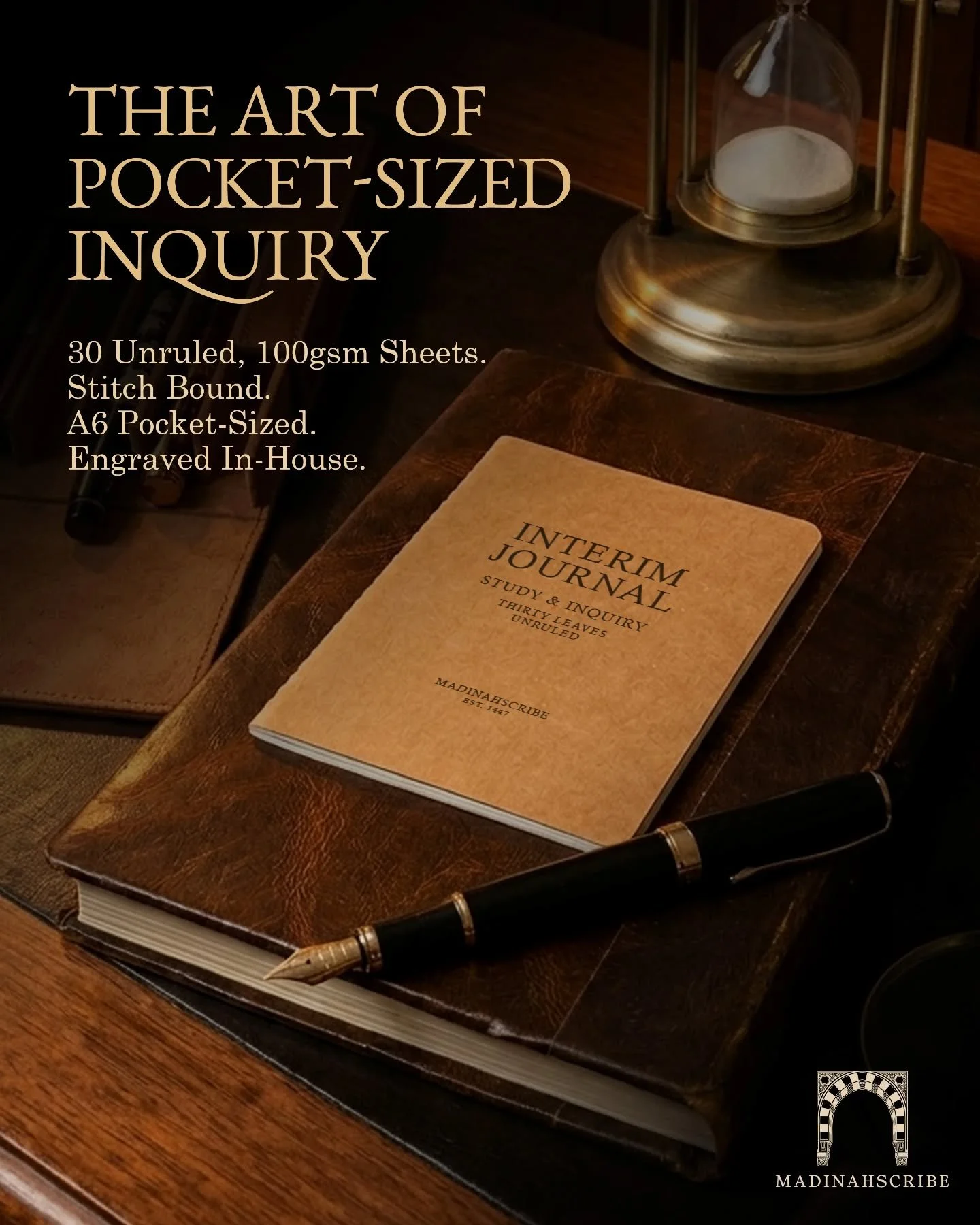 The art of pocket-sized inquiry.

​Built for the scholar&rsquo;s journey, the Interim Journal provides a quiet, dedicated space for reflection and structured thought. Thirty leaves of 100gsm paper, stitch-bound and finished with meticulous care.
Madi