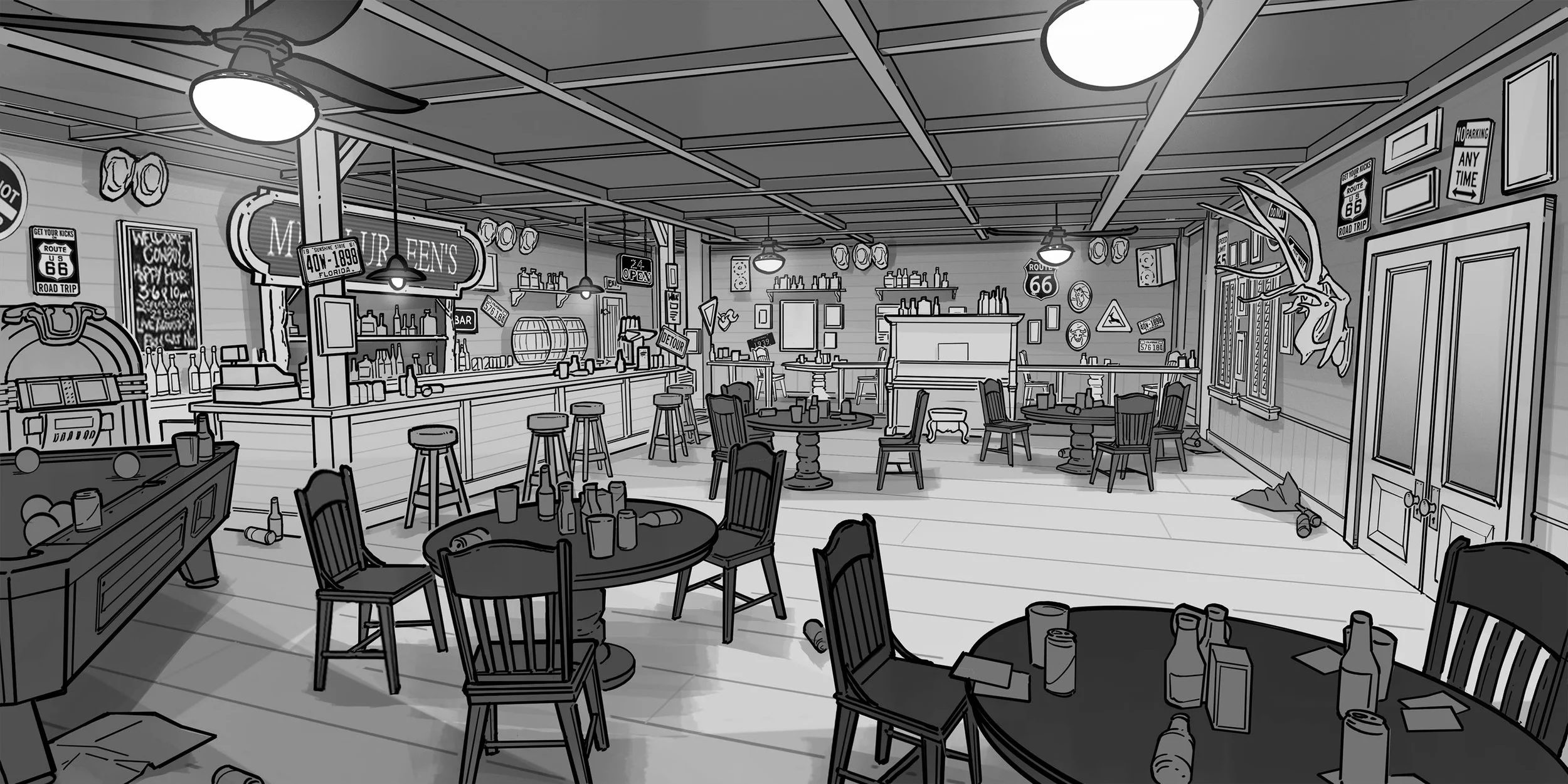 Black and white drawing of a messy bar or pub with tables, chairs, a jukebox, and various signs and decorations on the walls.