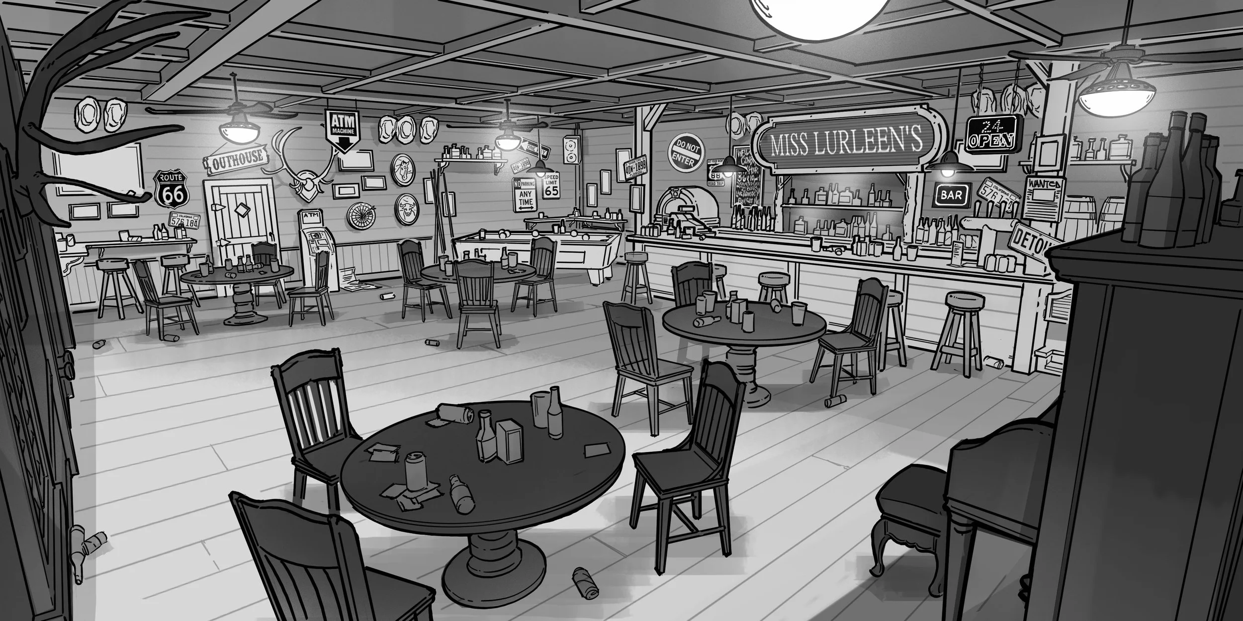 A black and white drawing of the interior of a rustic bar or pub, with multiple tables and chairs, some bottles and cans on the tables, a bar counter with various bottles, signs, and a chalkboard menu, and vintage signs and decorations on the walls.