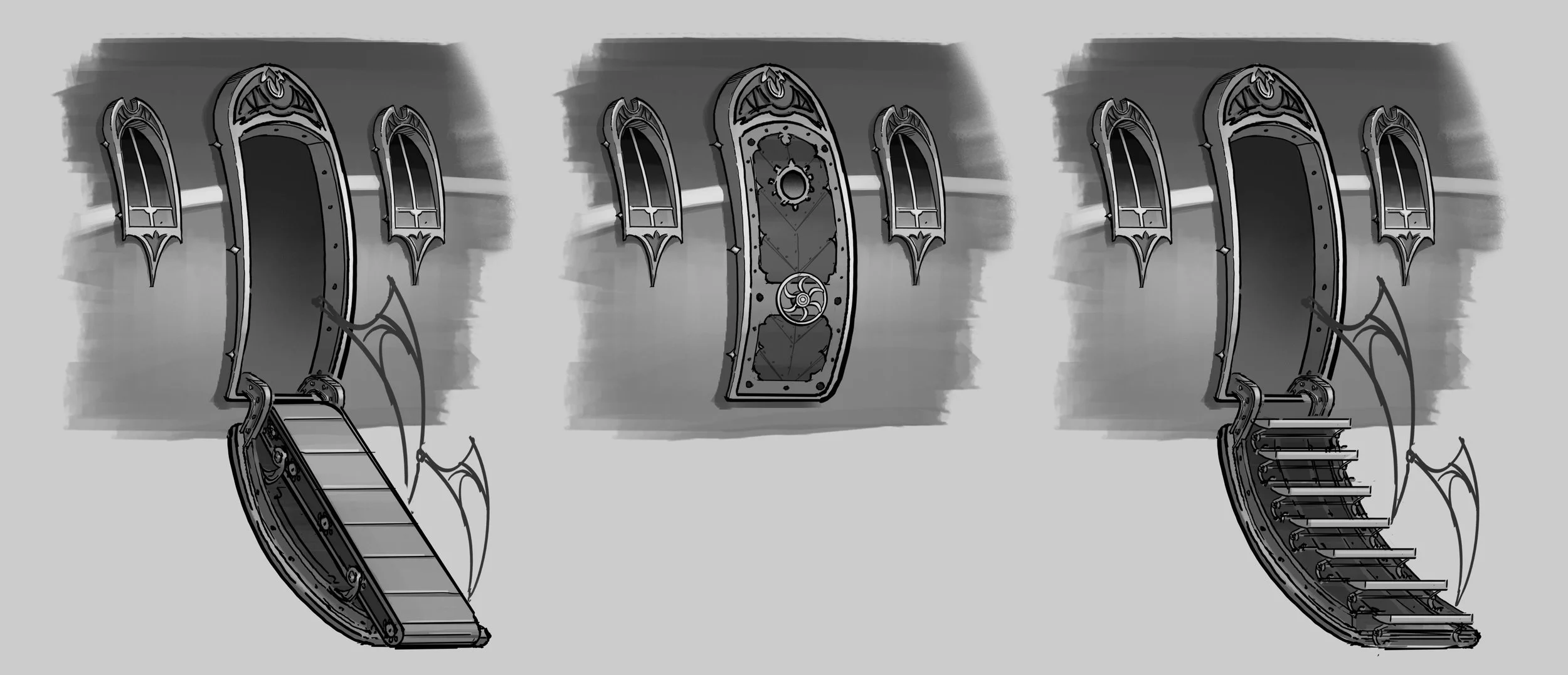 Sequence of three illustrations showing the parts of a curved staircase, including the main structure, one with inner panels and decorations, and one with a complete staircase with steps and handrails.