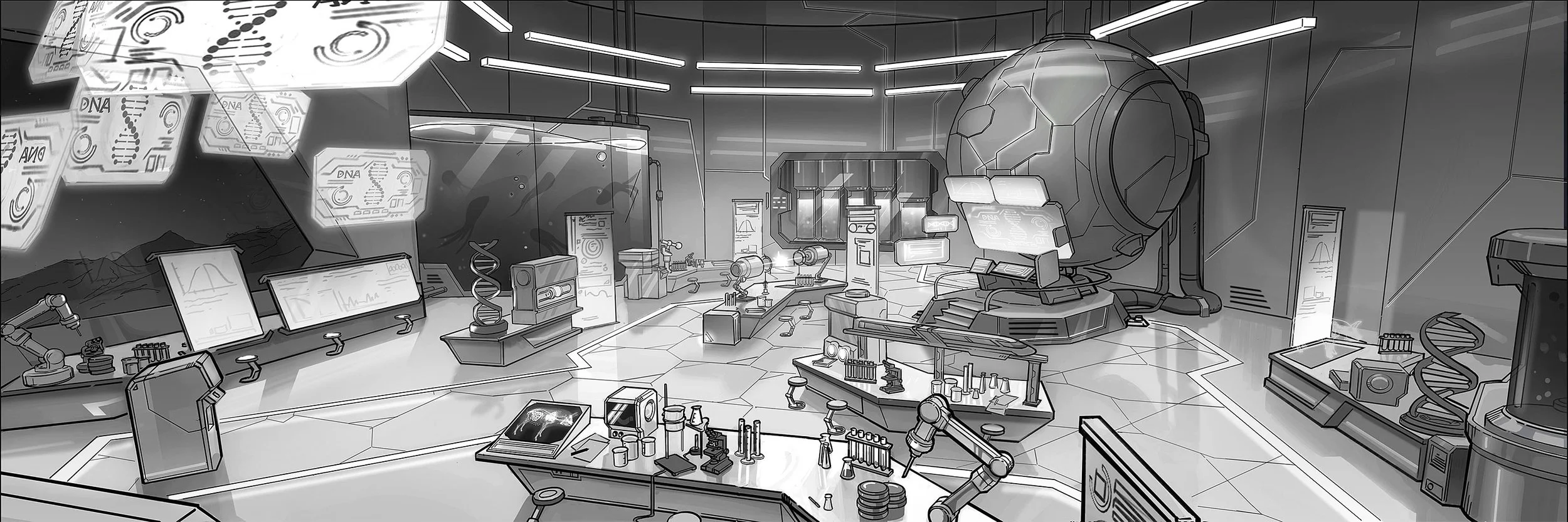 A futuristic laboratory with advanced scientific equipment, computers, robotic arms, DNA analysis monitors, and a large spherical device on the right side.