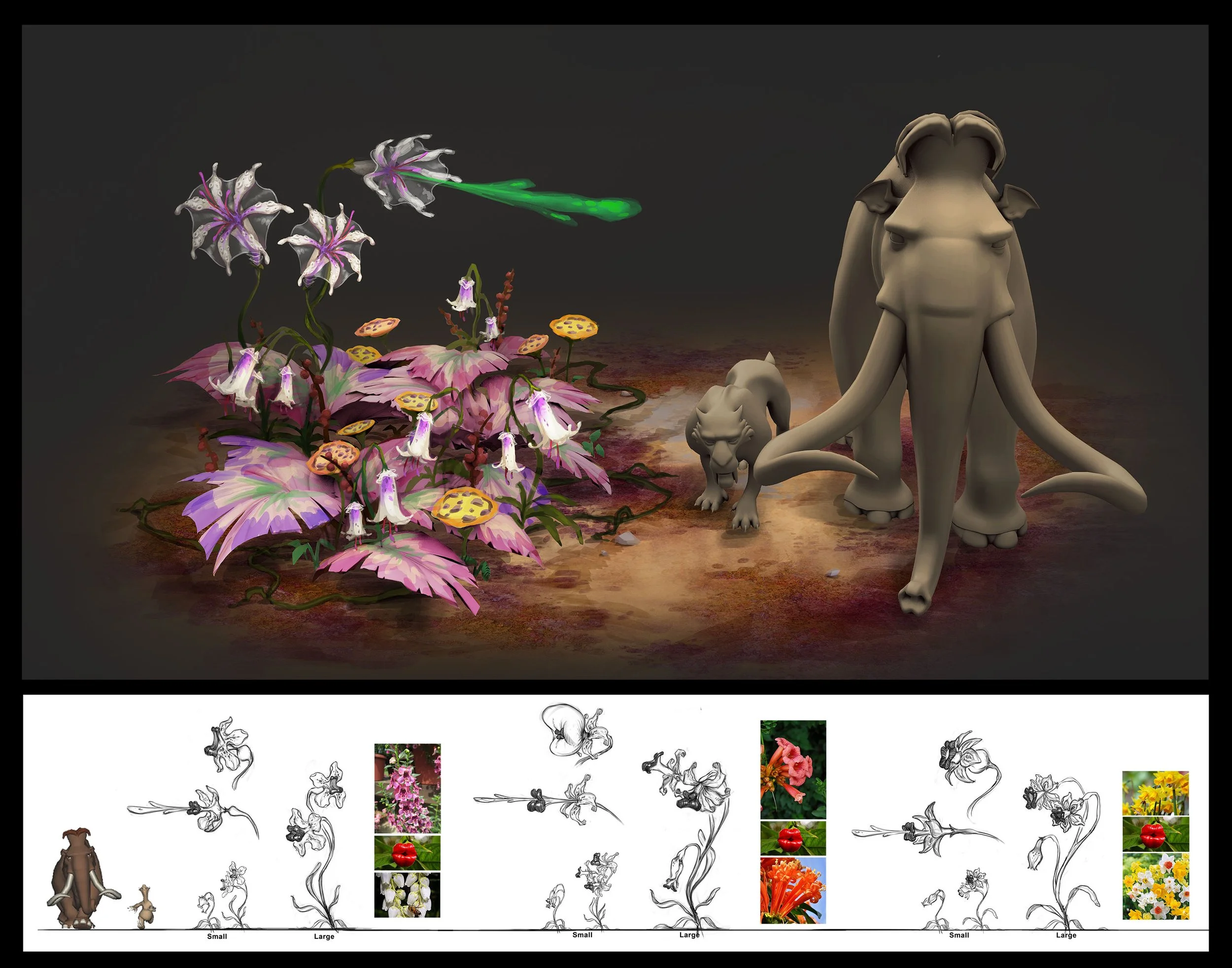 Digital artwork depicting a surreal scene with a pink and purple floral plant, a green glowing comet or meteor, and three stylized animals resembling a lion and two smaller creatures, all set against a dark background with a textured ground.