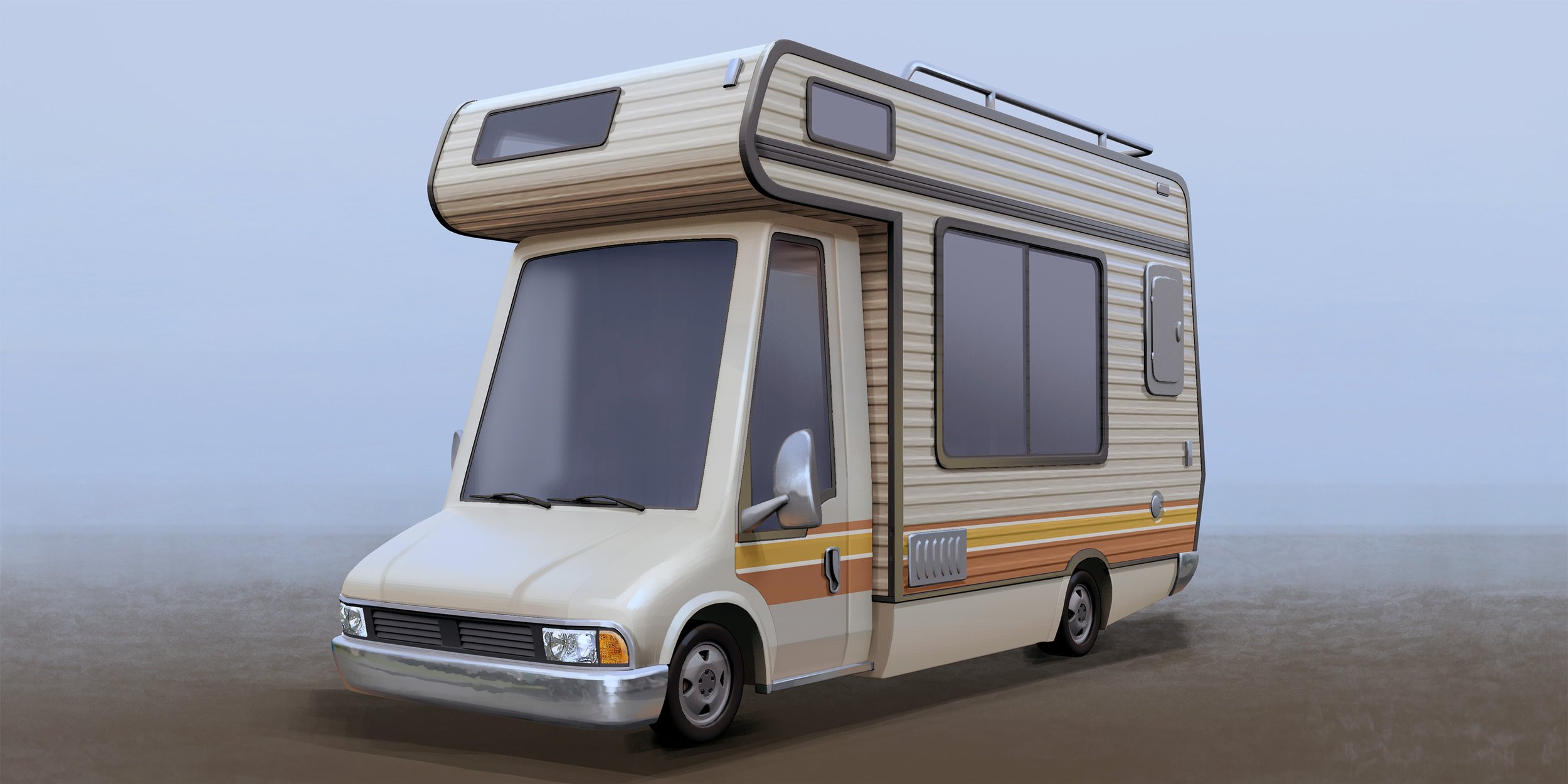 A vintage camper van with a beige body, orange and yellow stripes, and a wooden-paneled upper section, parked on a flat surface under a cloudy sky.
