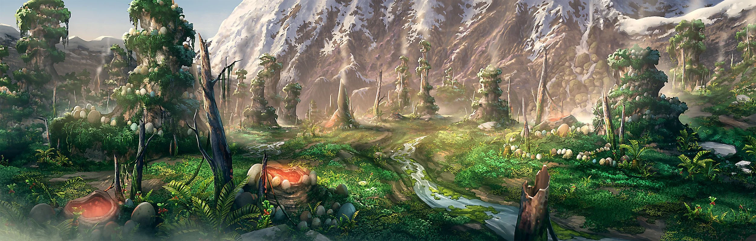 A lush, vibrant fantasy landscape with towering, mushroom-covered trees, glowing fungi, and a flowing stream in the foreground, set against a backdrop of snow-capped mountains.