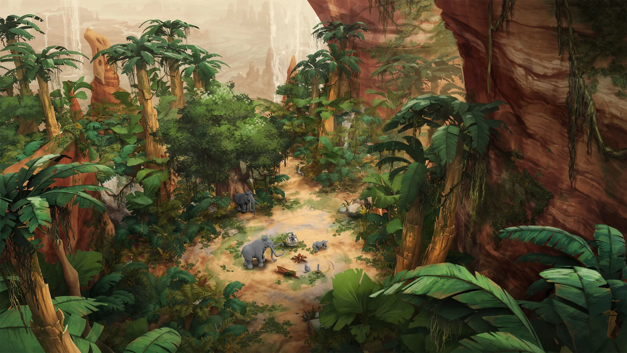 A lush jungle scene with tall trees, dense foliage, and a brown dirt path. There are three elephants, one large and two smaller, along with a person and some animals, possibly tigers, near a small campfire in the clearing. In the background, waterfal