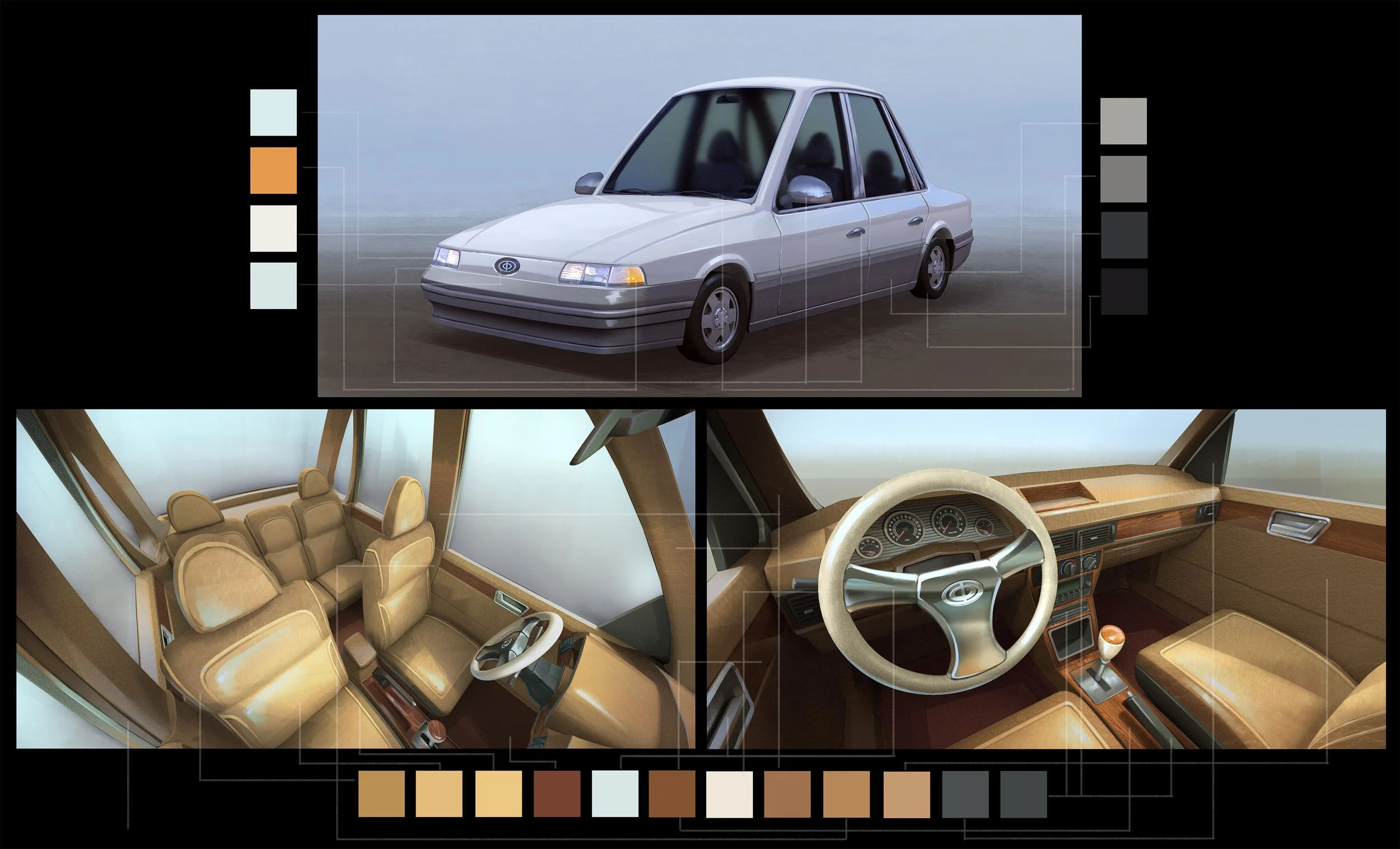 A digital collage showcasing a vintage beige car. The top section features a front three-quarter view of the car displaying its exterior, including the headlights, grille, and side mirrors. The lower left part reveals the car’s interior from above, s