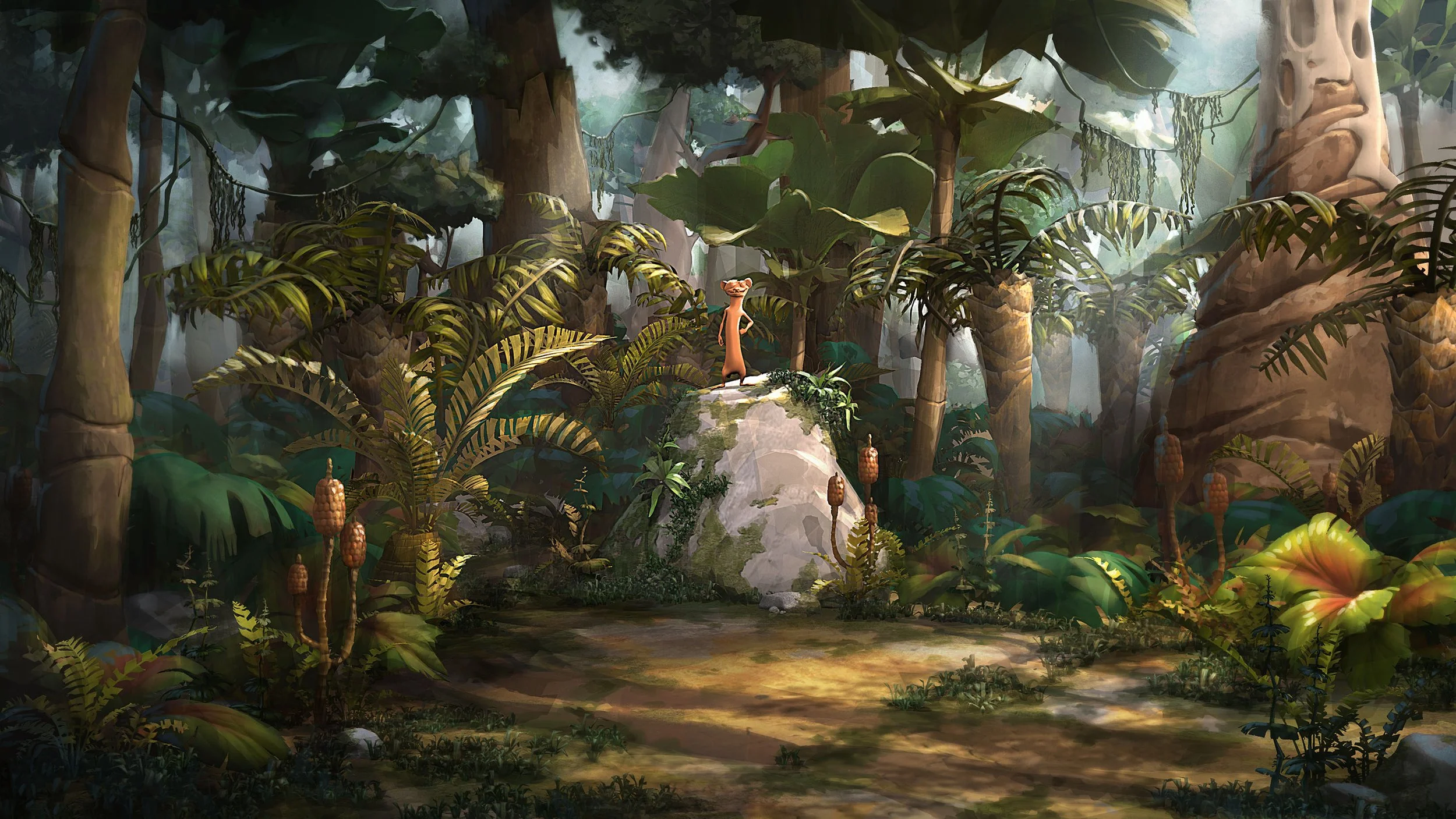 A cartoon-style jungle scene with tall trees, dense green foliage, and plants. In the center, a small character resembling a meerkat stands on a white rock, looking into the jungle.