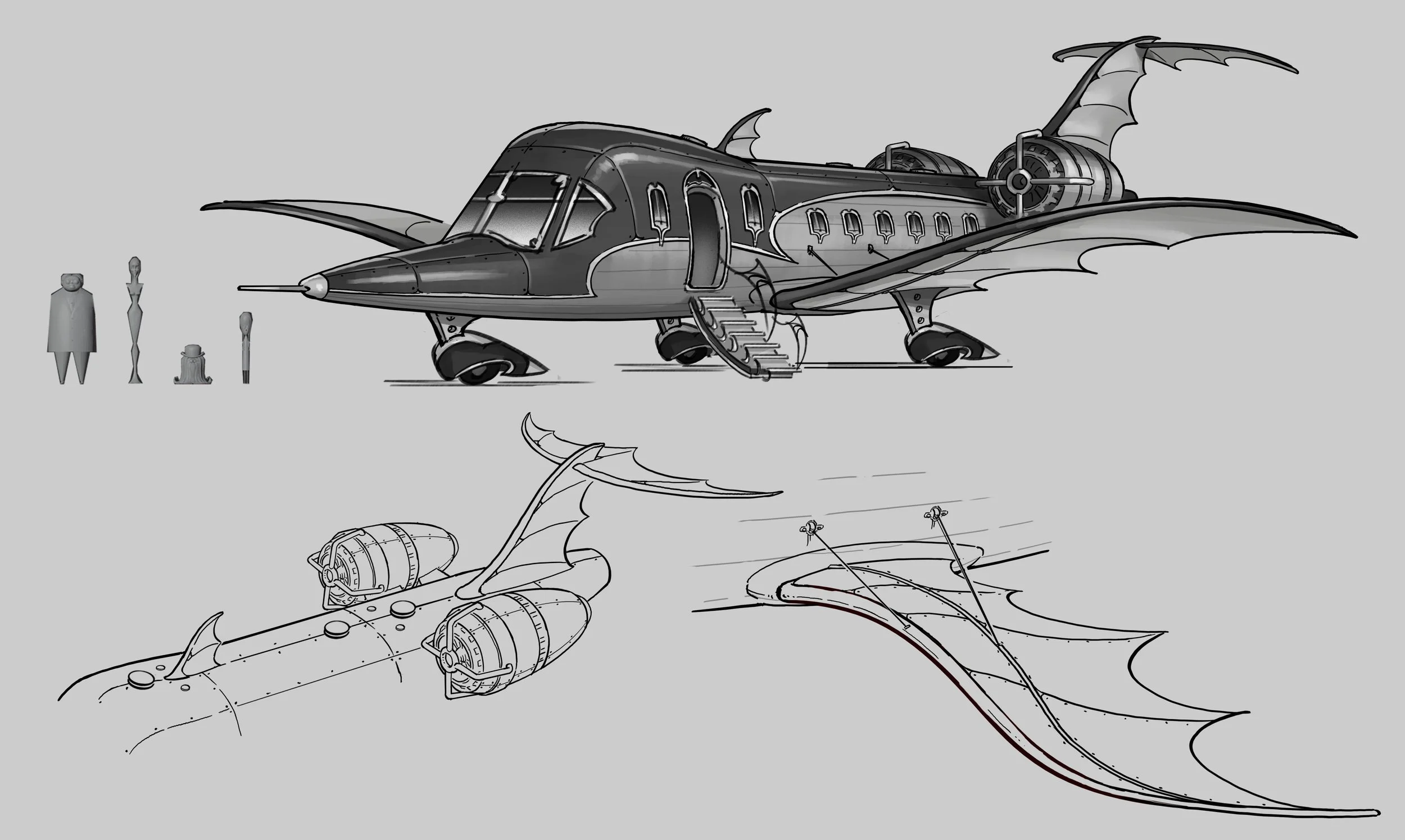 A detailed sci-fi illustration of a flying vehicle with bat wings, featuring a cockpit, engines, and landing gear, along with a scaled side view of the vehicle, a close-up of the wing's structure, and a schematic of the wing's design.