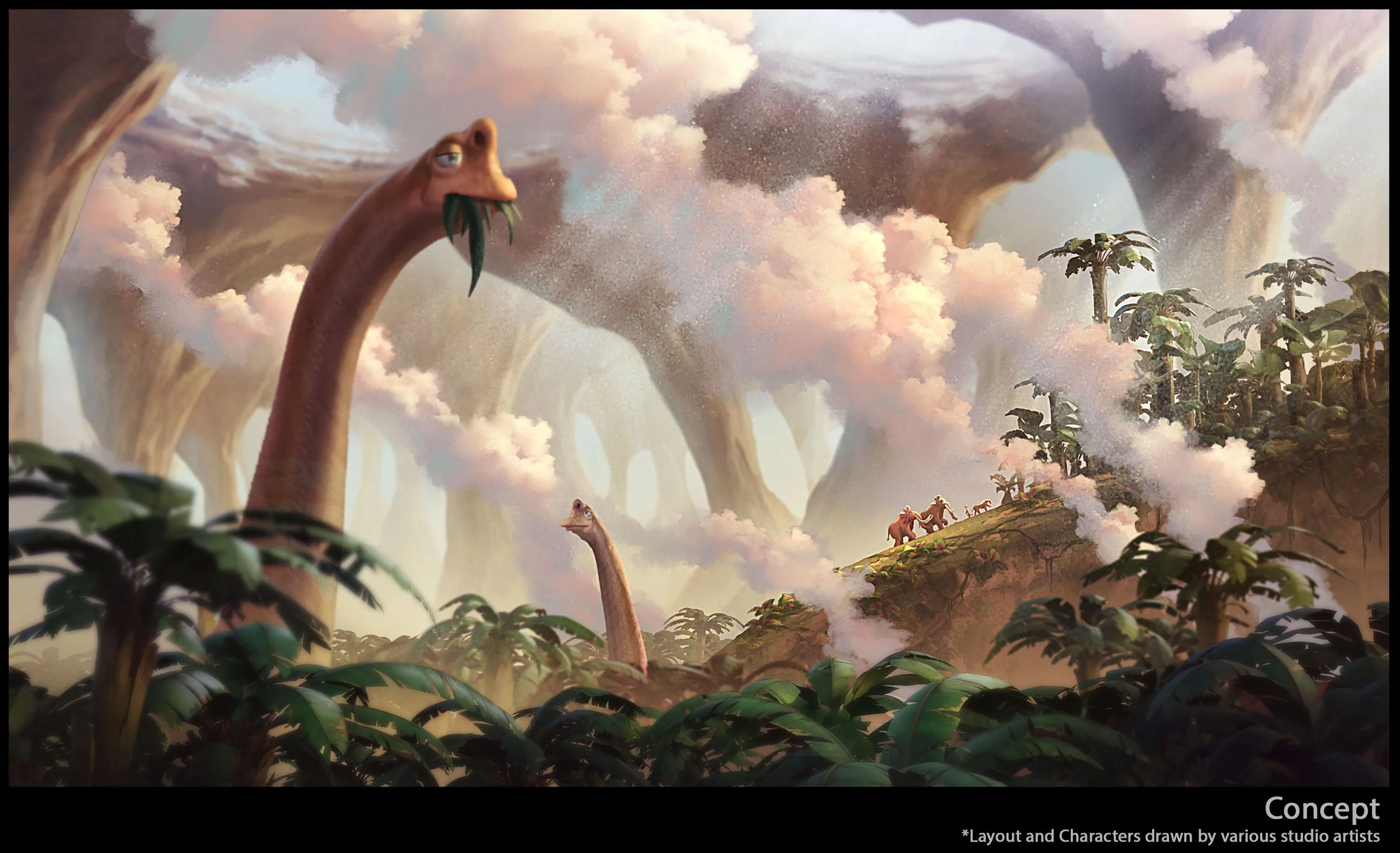 A digital illustration of a prehistoric landscape with tall, cloud-covered rock formations and lush green jungle. In the foreground, two long-necked dinosaurs, possibly sauropods, are seen, with one close-up showing its head with a beard-like feature