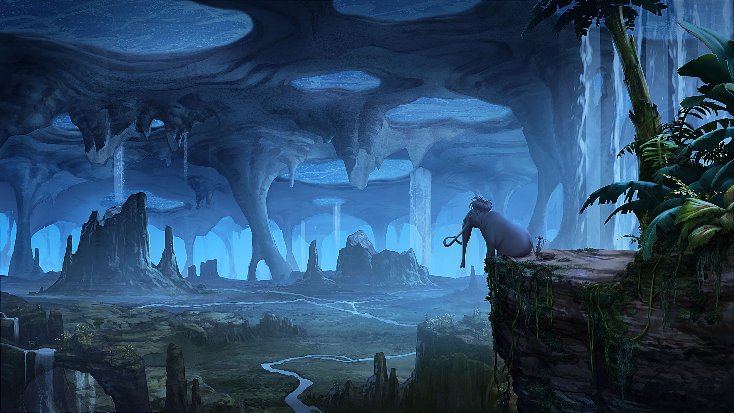 A fantasy underground cavern with towering rock formations, waterfalls, and a mysterious atmosphere. A creature with a long tail and mane, possibly a lion, is sitting on a ledge overlooking the cavern, accompanied by a bicycle.