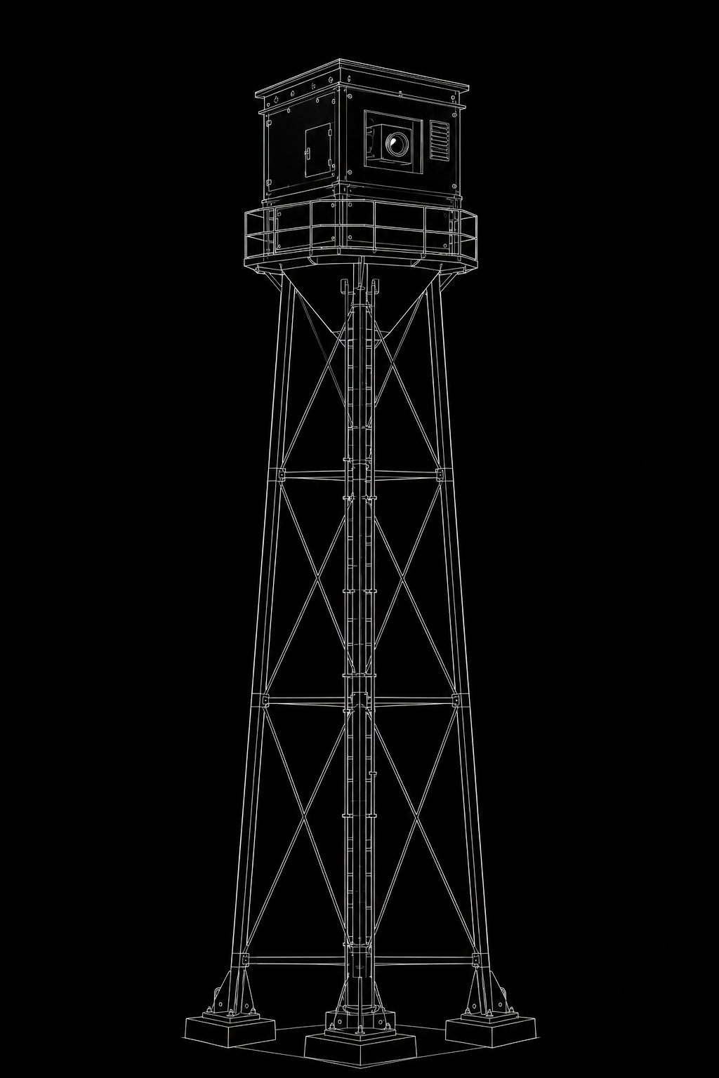 Wireframe drawing of a tall wooden water tower with four supports and a small enclosed room at the top, on a black background.