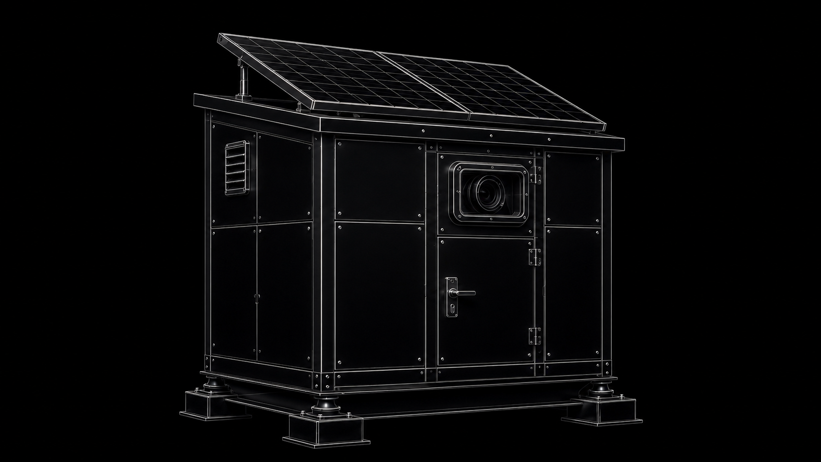 Black outline illustration of a small structure with a solar panel on top, a camera or sensor on the front, and a door with a handle.