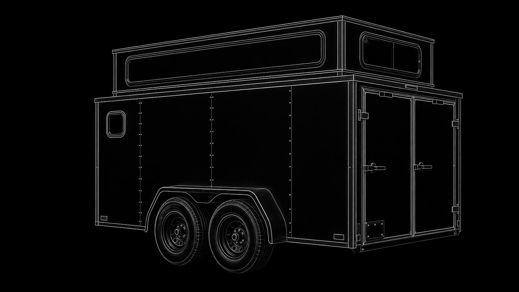 Wireframe illustration of a mobile food trailer with a two doors on the side and a ramp on the back, set against a black background.