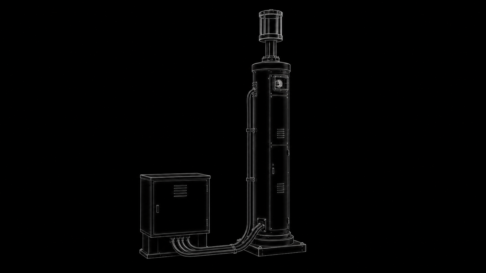 Line drawing of a scientific or industrial device on a black background, featuring a tall cylindrical component connected to a rectangular box with piping and a smaller vertical component on top.