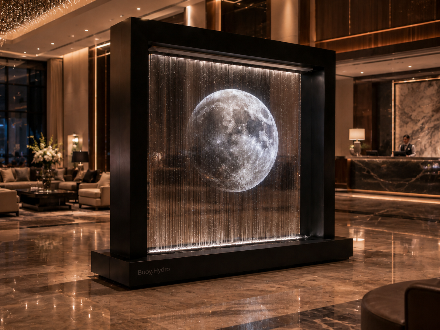 A hotel lobby with a large illuminated lunar display and a water feature labeled 'Buoy Hydro' in the center.