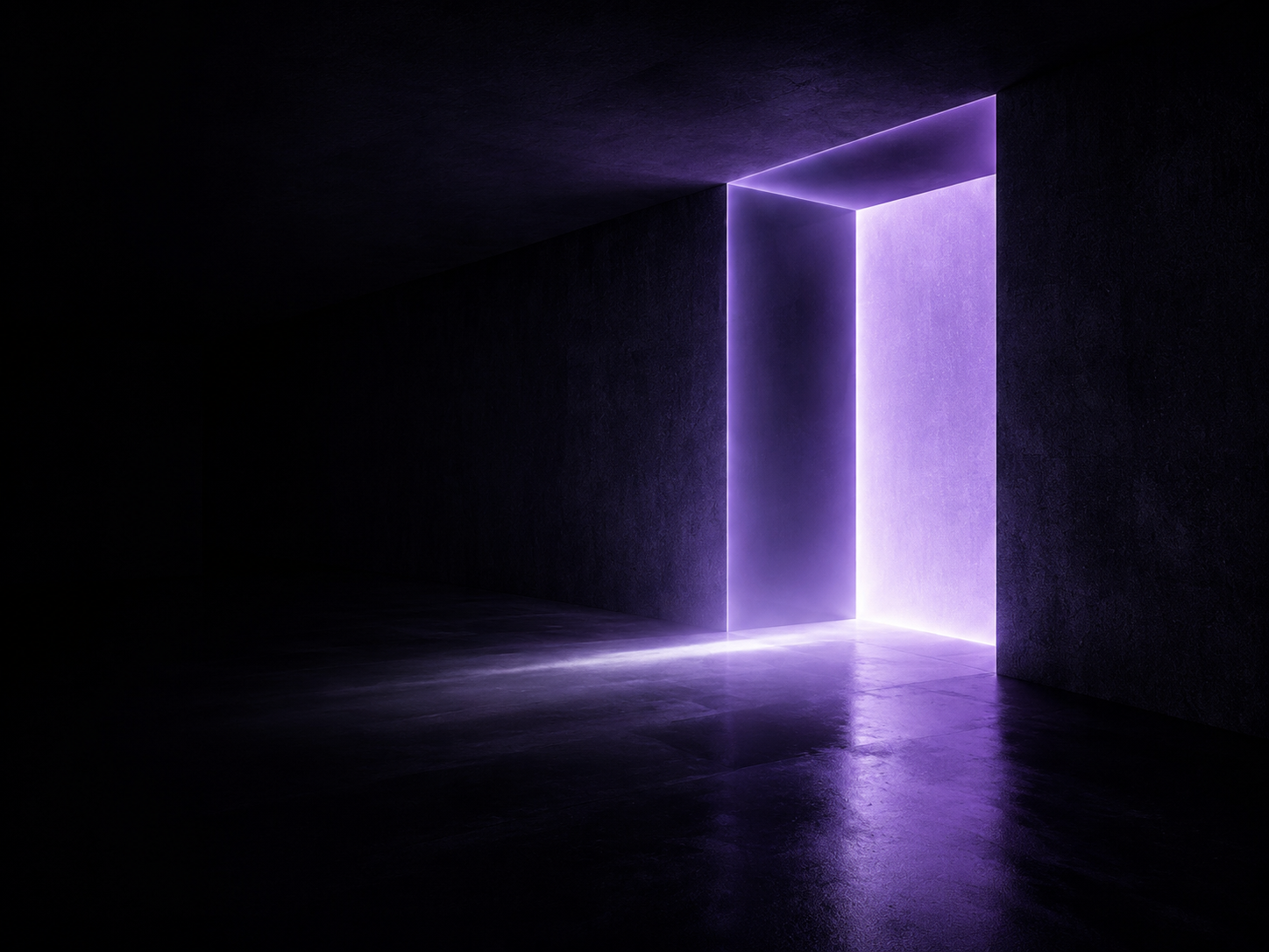 Dark room with an open doorway emitting purple light, illuminating the floor and casting a glow across the space.