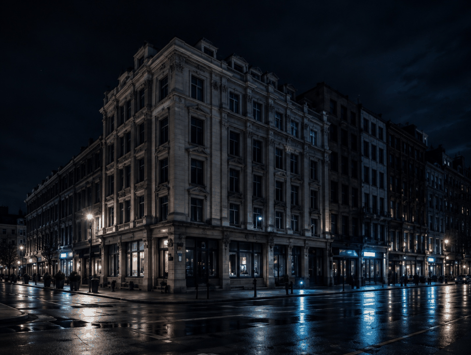 Nighttime city street with historic building, wet pavement, and streetlights.