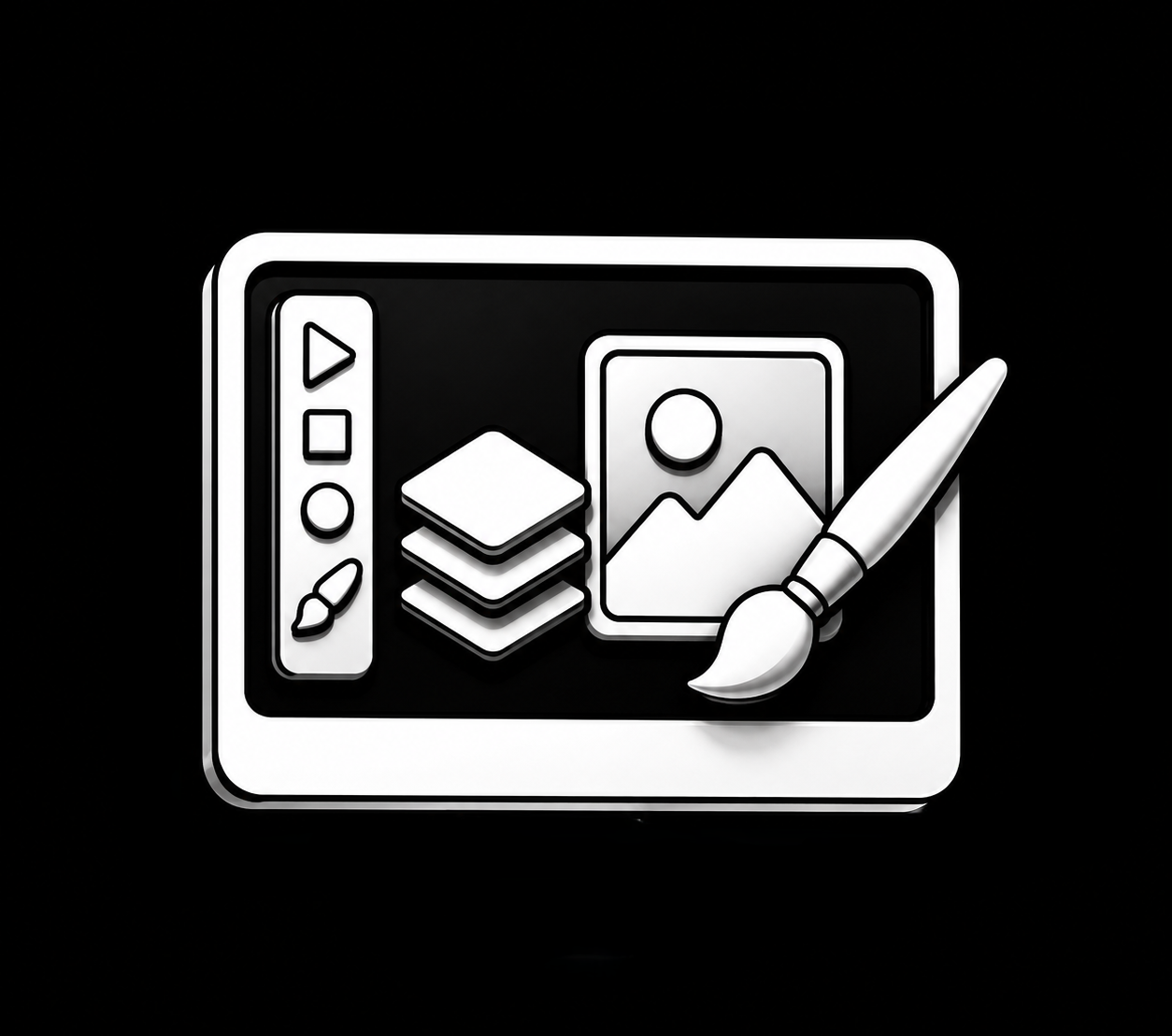 Graphic of digital art tools, showing a computer screen with layers, a brush, and images.