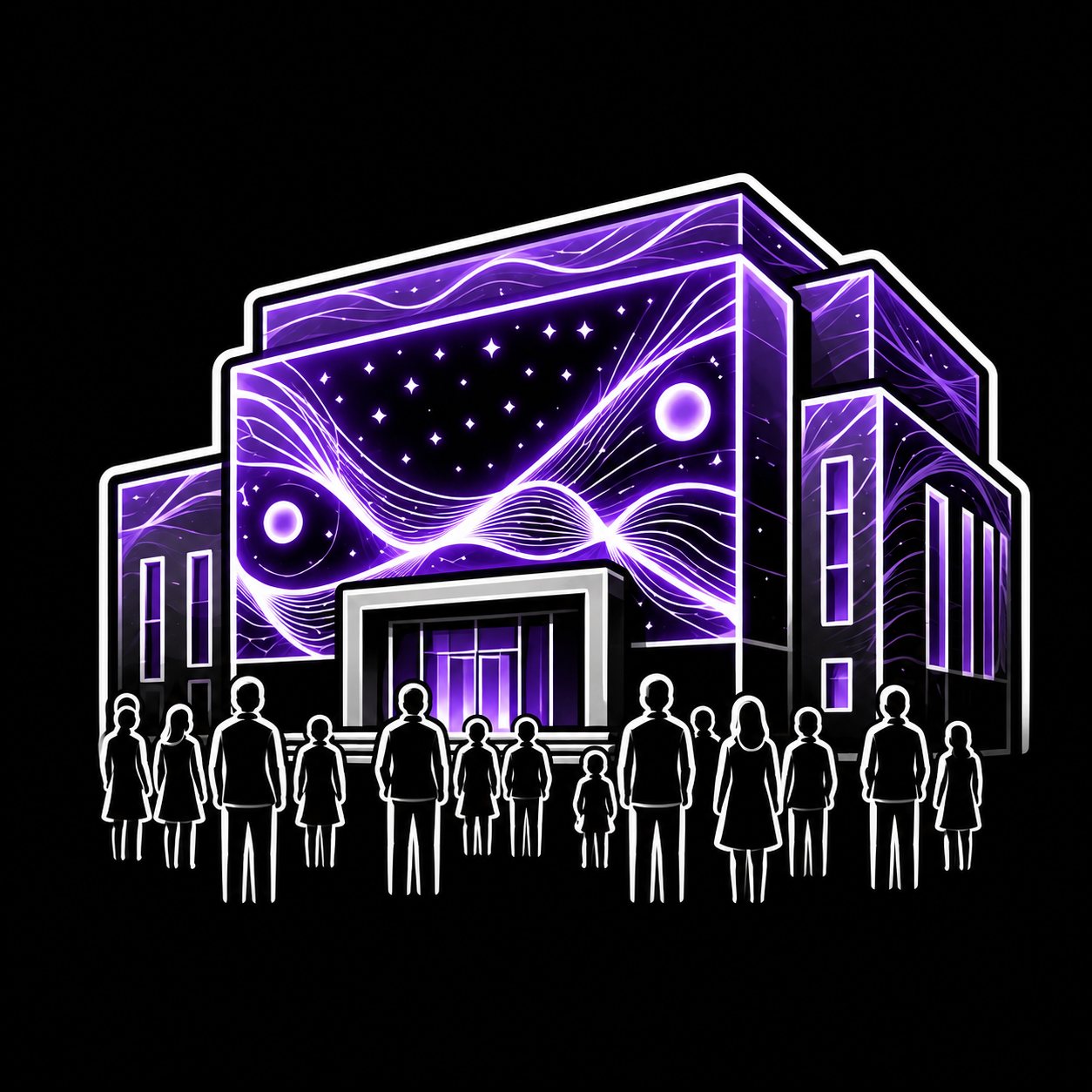 Neon line art of a large modern building with solar system and wave imagery on the facade, surrounded by silhouettes of people on a dark background.