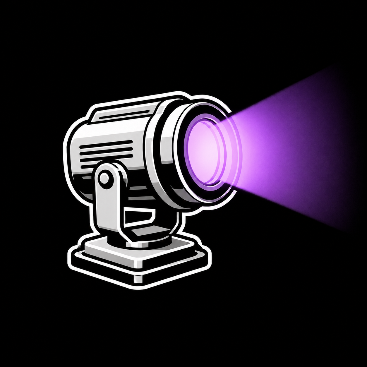 Digital illustration of a stage light emitting purple-purple beam against a black background.