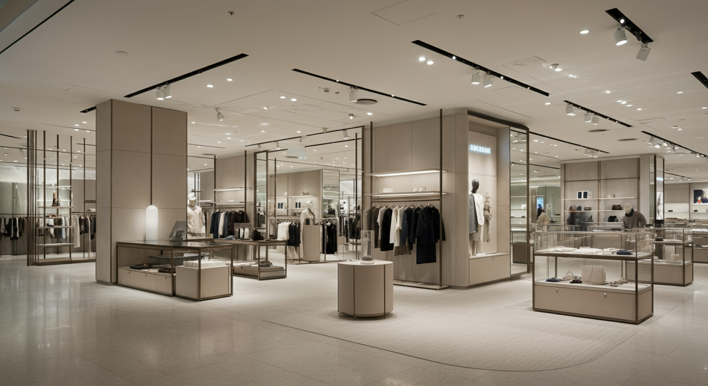 Interior of a clothing store with racks of clothing and display cases.