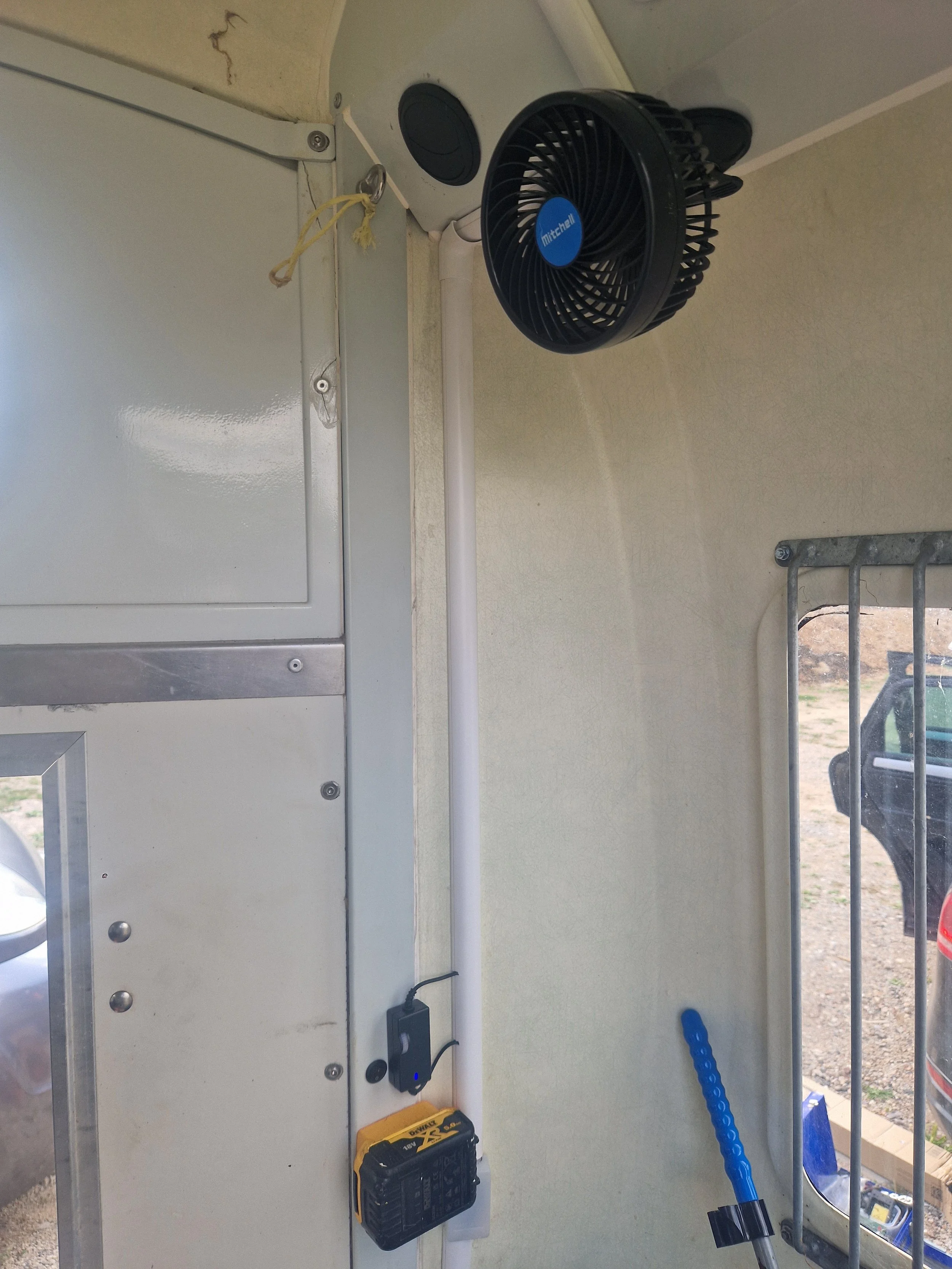 Interior fan fitted on this trailer to circulate air for horses, ran from a Dewalt battery 