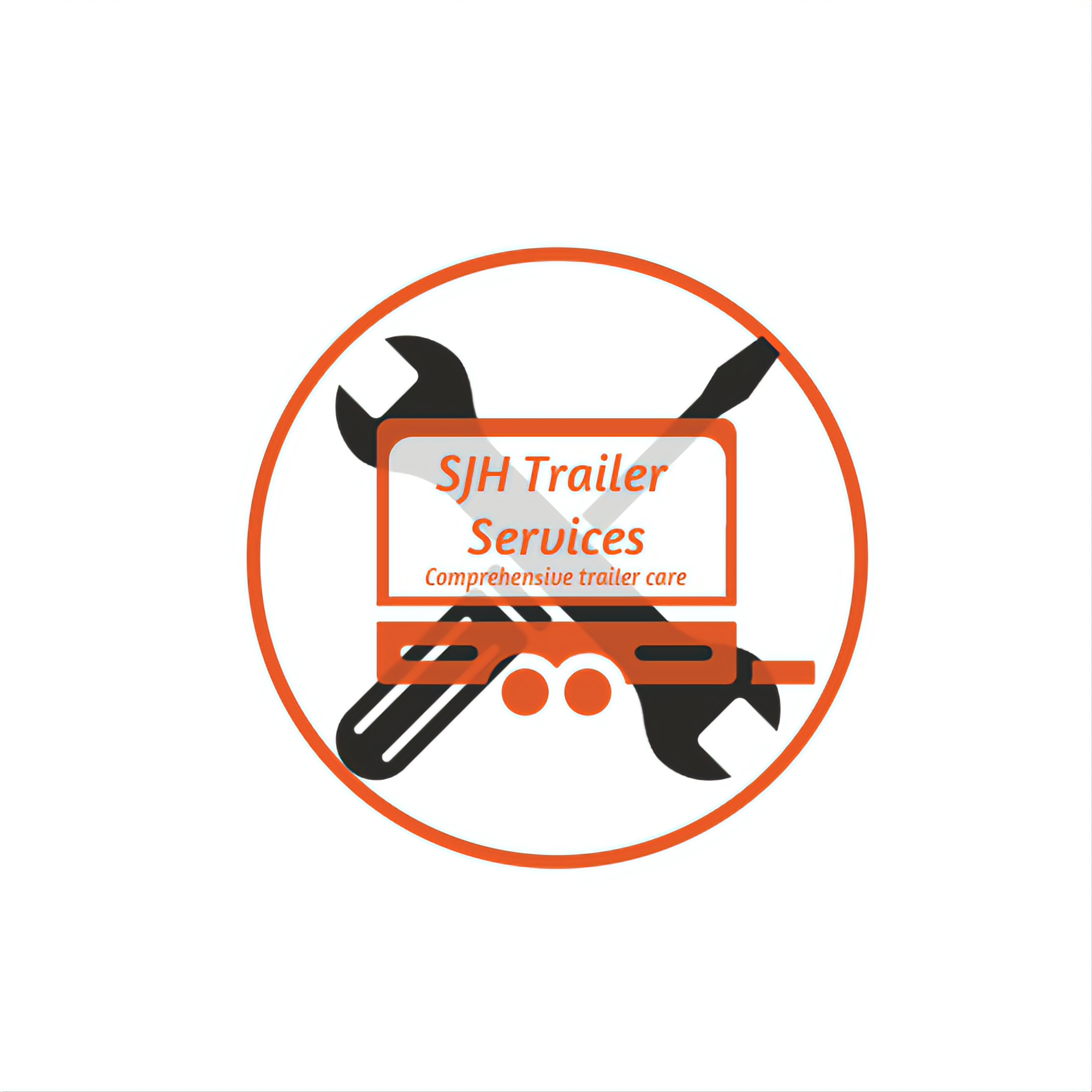Logo for SJH Trailer Services featuring a black wrench and screwdriver crossed behind an orange outline of a trailer, with text indicating trailer repair services.