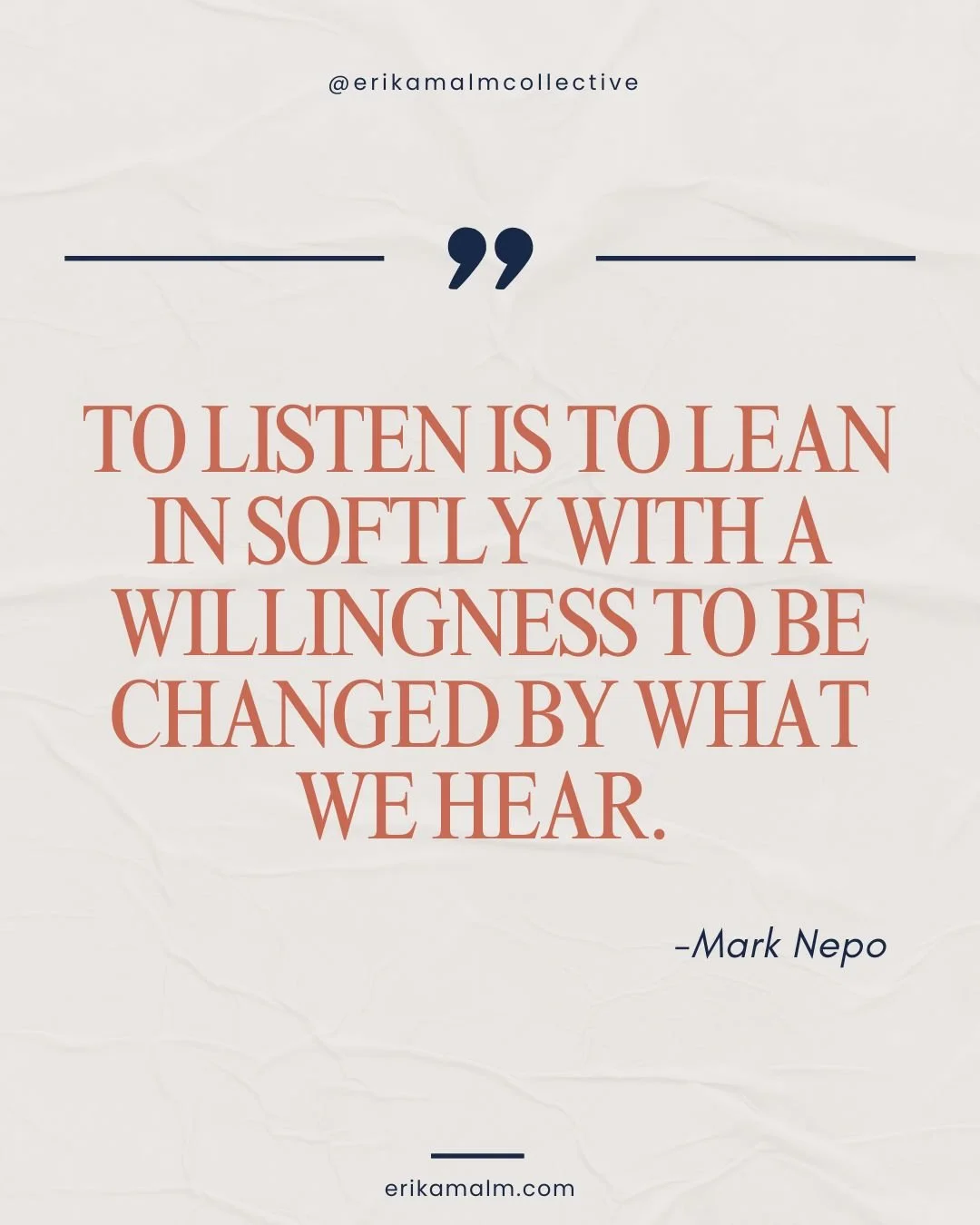 Listening is more than hearing words. It&rsquo;s allowing ourselves to stay open enough to be moved, challenged, and transformed by what another person shares. 

#ErikaMalm #DeepListening #TherapeuticHealing #EmotionalGrowth #MindfulConnection