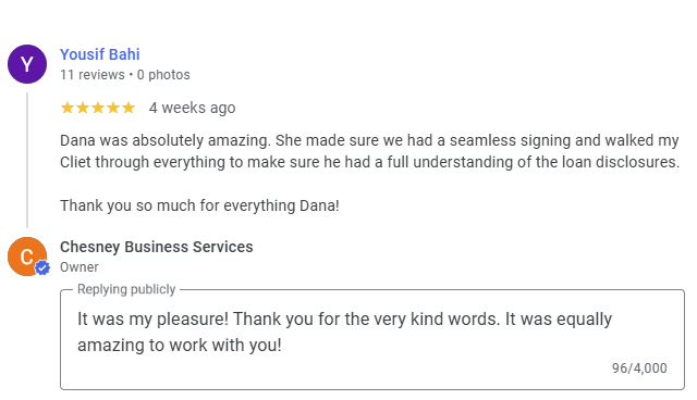 Screenshot of a Google review conversation between Yousif Bahi and Chesney Business Services about a positive experience with Dana.