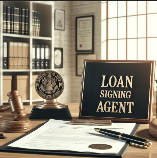 Desk with a gavel, a sign reading 'Loan Signing Agent,' a seal, and documents, in an office setting with bookshelves and framed certificates.