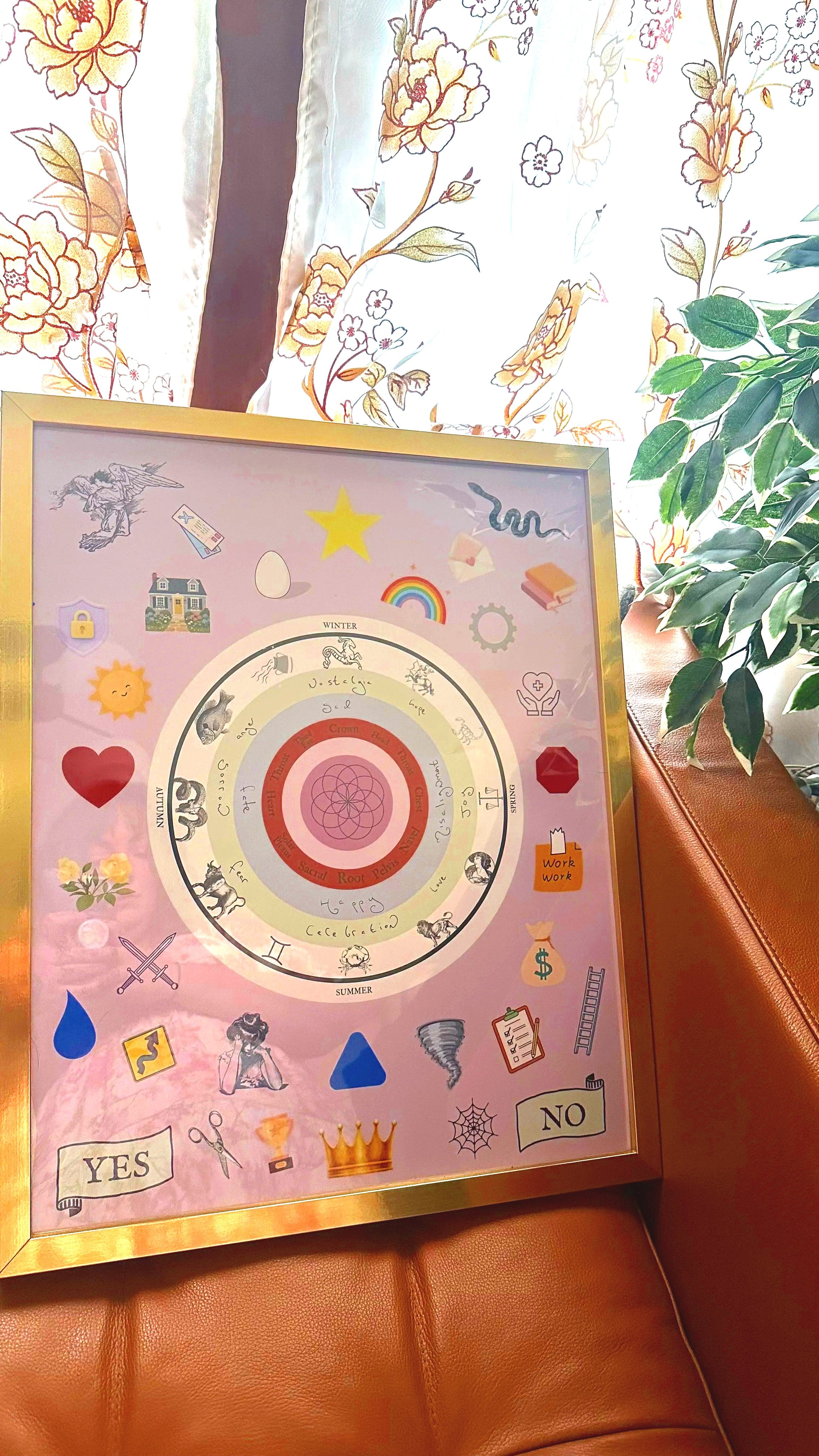 Image of Minerva Siegel's custom charm casting board resting on a butterscotch chesterfield sofa beside a potted tree. The board is largely lilac in color with central consecutive rings.