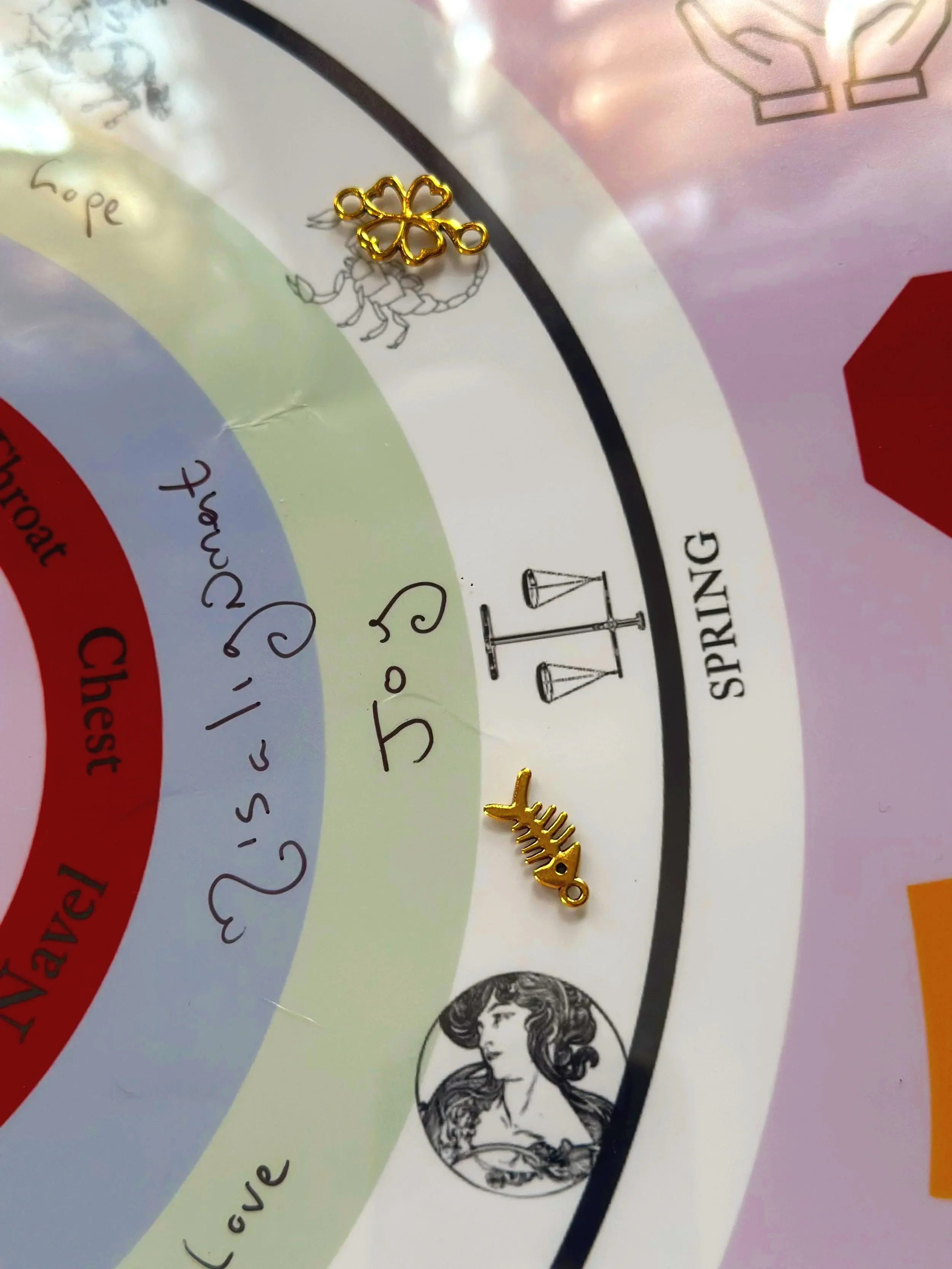 close-up image of a small section of Minerva Siegel's charm casting board with a couple of metal charms shown resting on top of it.
